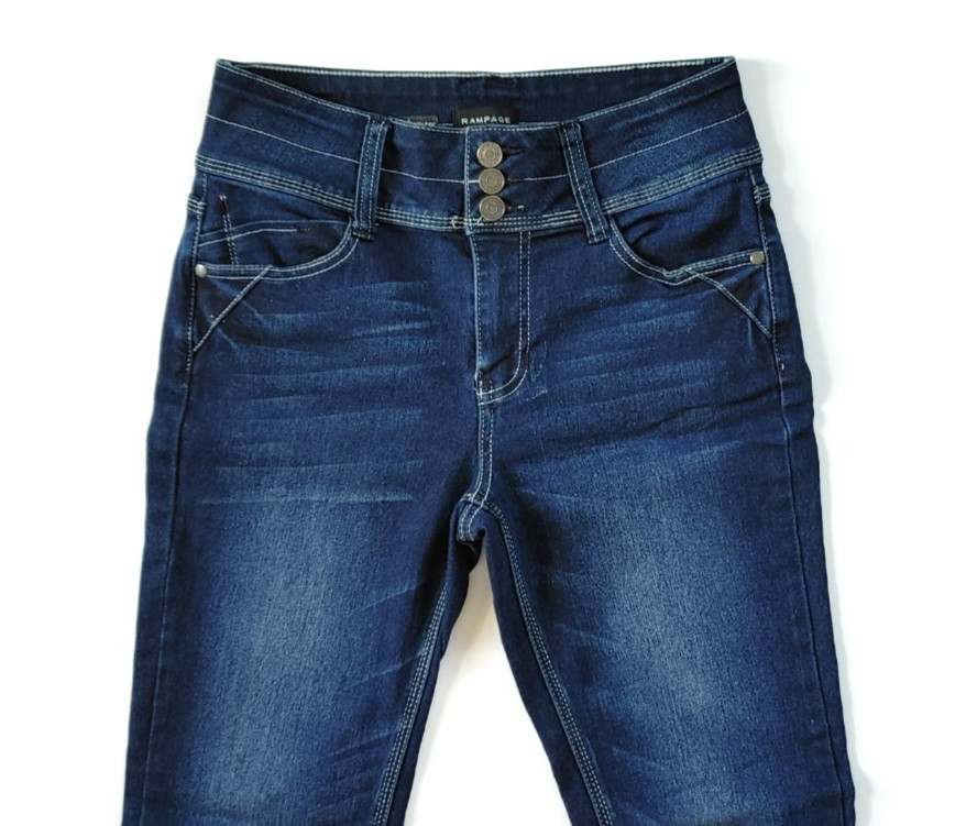 RAMPAGE “WES” Ladies 9 Skinny Stretch High Rise Jeans Dark Blue White Stitch EUC