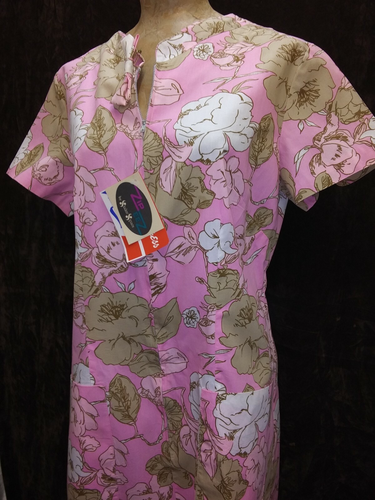 1960’s Pink Tan White Zip Front Cotton Rayon House Dress Shaker Square NWT ML
