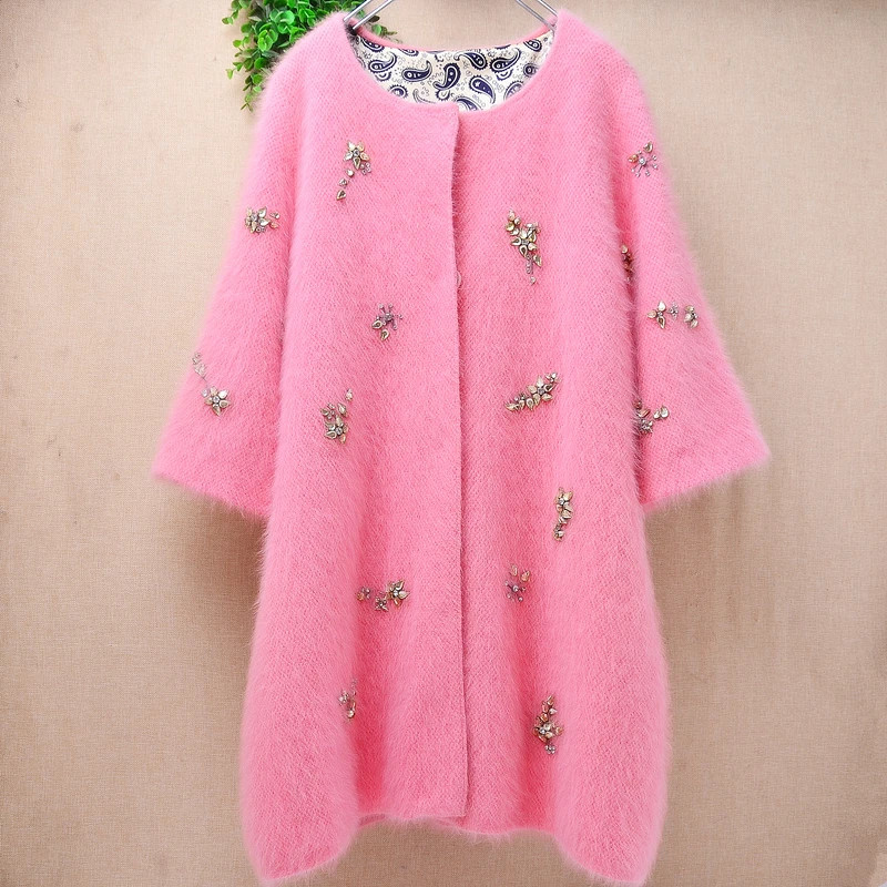 Women Thick Beading Angora Rabbit Fur Half Sleeves Slim Cardigans Sweater Coat