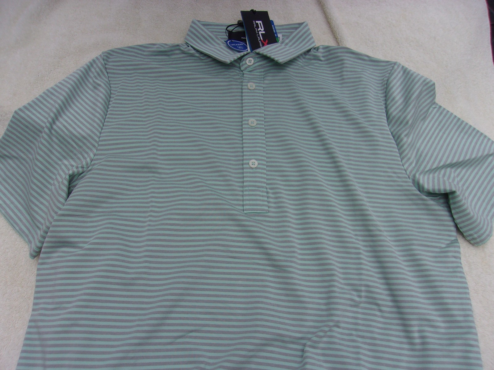 NWT Ralph Lauren RLX short sleeve polo, men’s M, $95, green, gray stripes