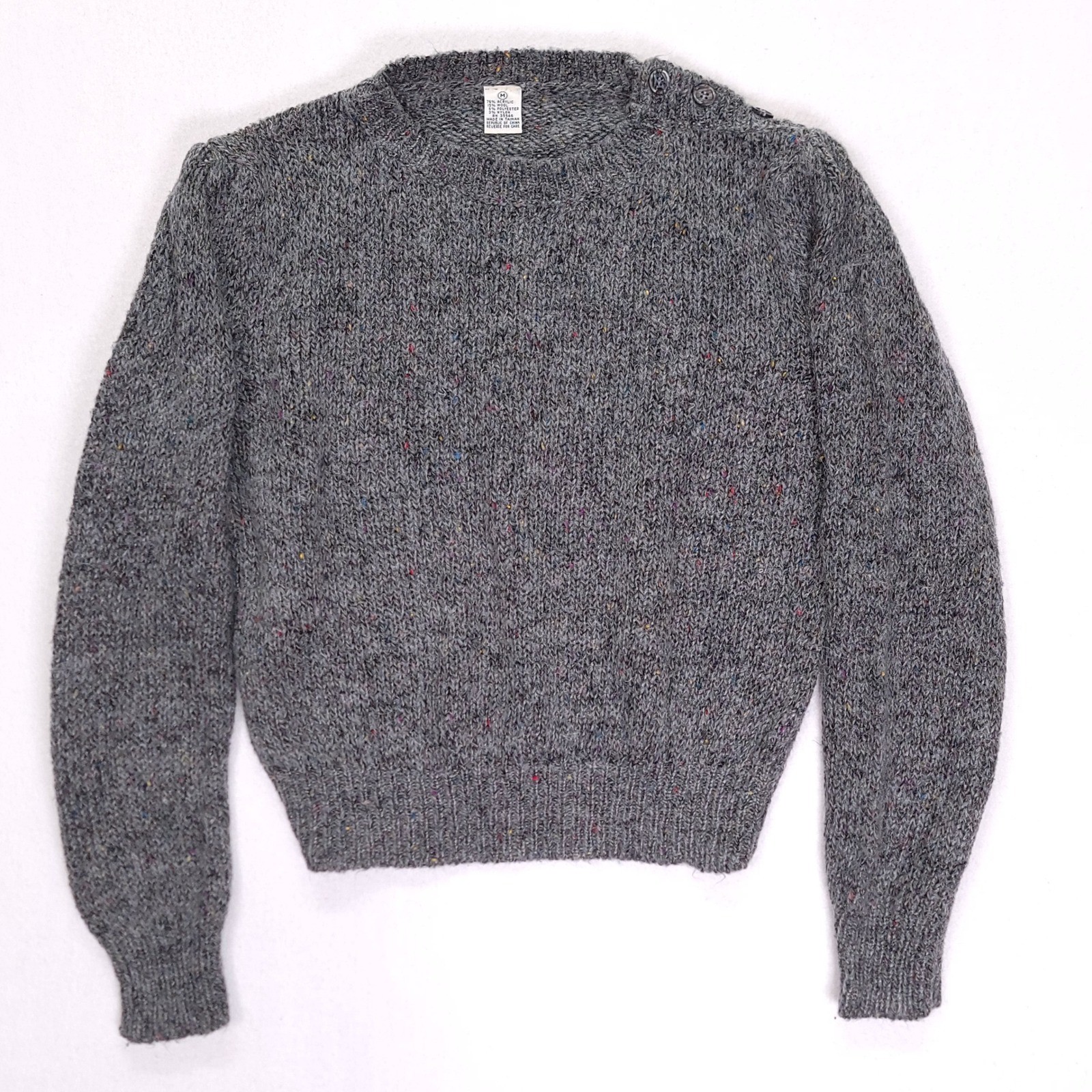 Vintage Gray Speckled Wool Blend Knit Sweater Shoulder Button Puff Sleeve Medium