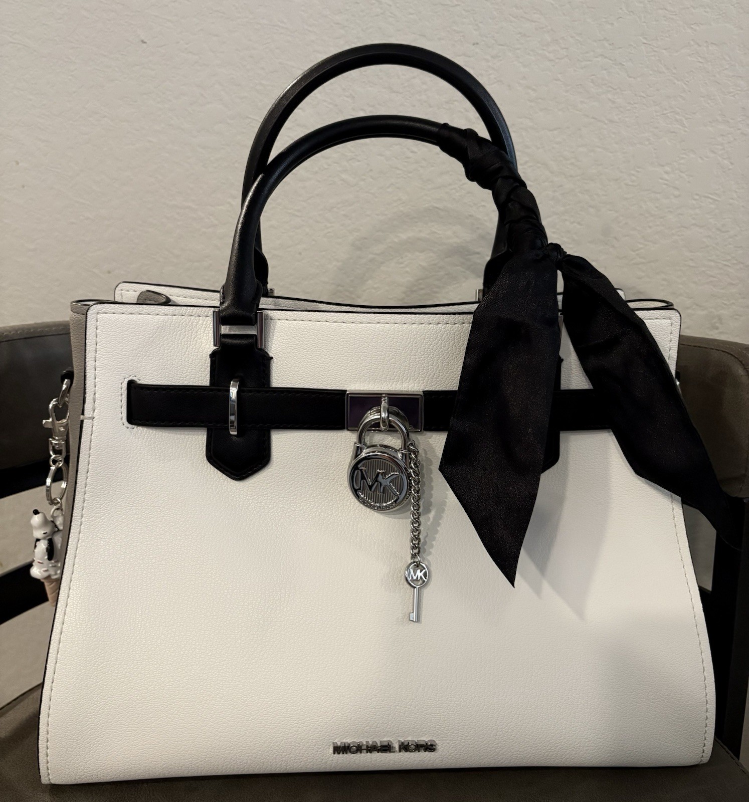 Michael Kors Large White & Black Pebbled Satchel Top Handle Silver Lock Charm