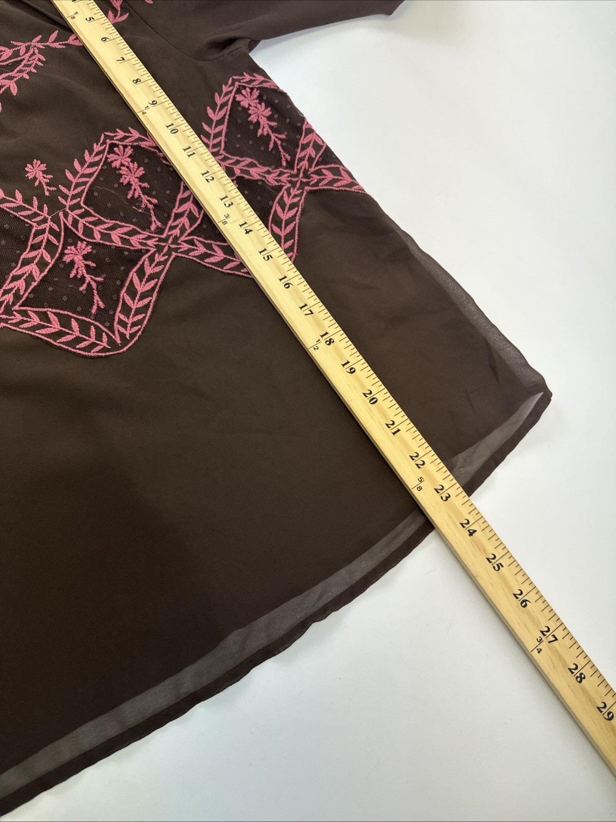 Anthropologie Long Sleeve Applique Blouse Brown Pink Embroidered Ruffle Chiffon