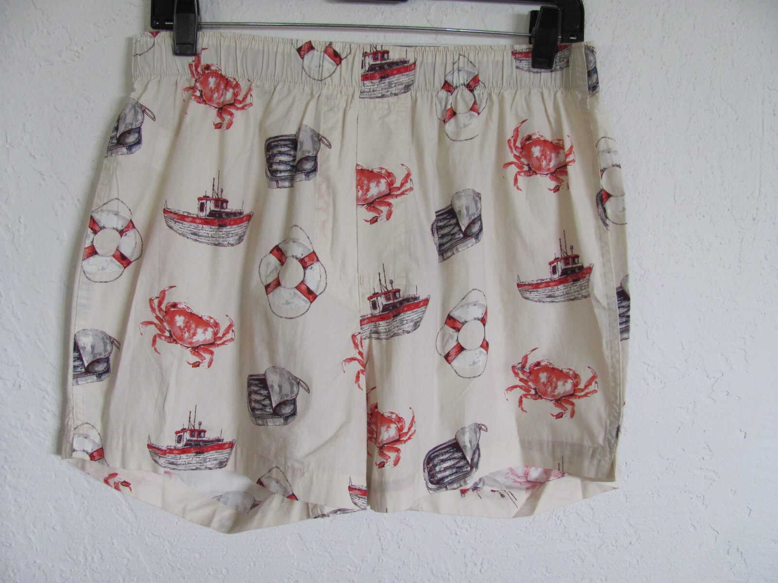 J Crew Boxers Watercolor Ocean-Crabs, Boats-Natural-Woven Cotton-Men’s M (32-34)