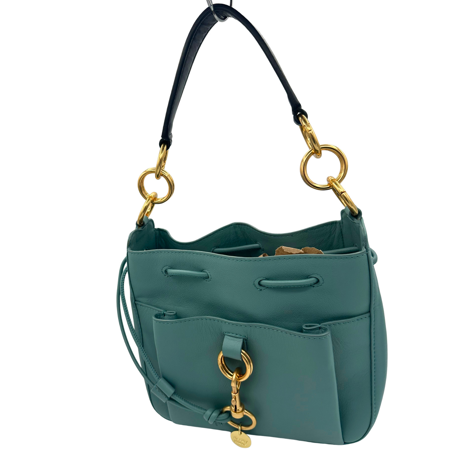 See By Chloe Tony Leather Shoulder Bucket Bag Teal Blue Gold Hardware