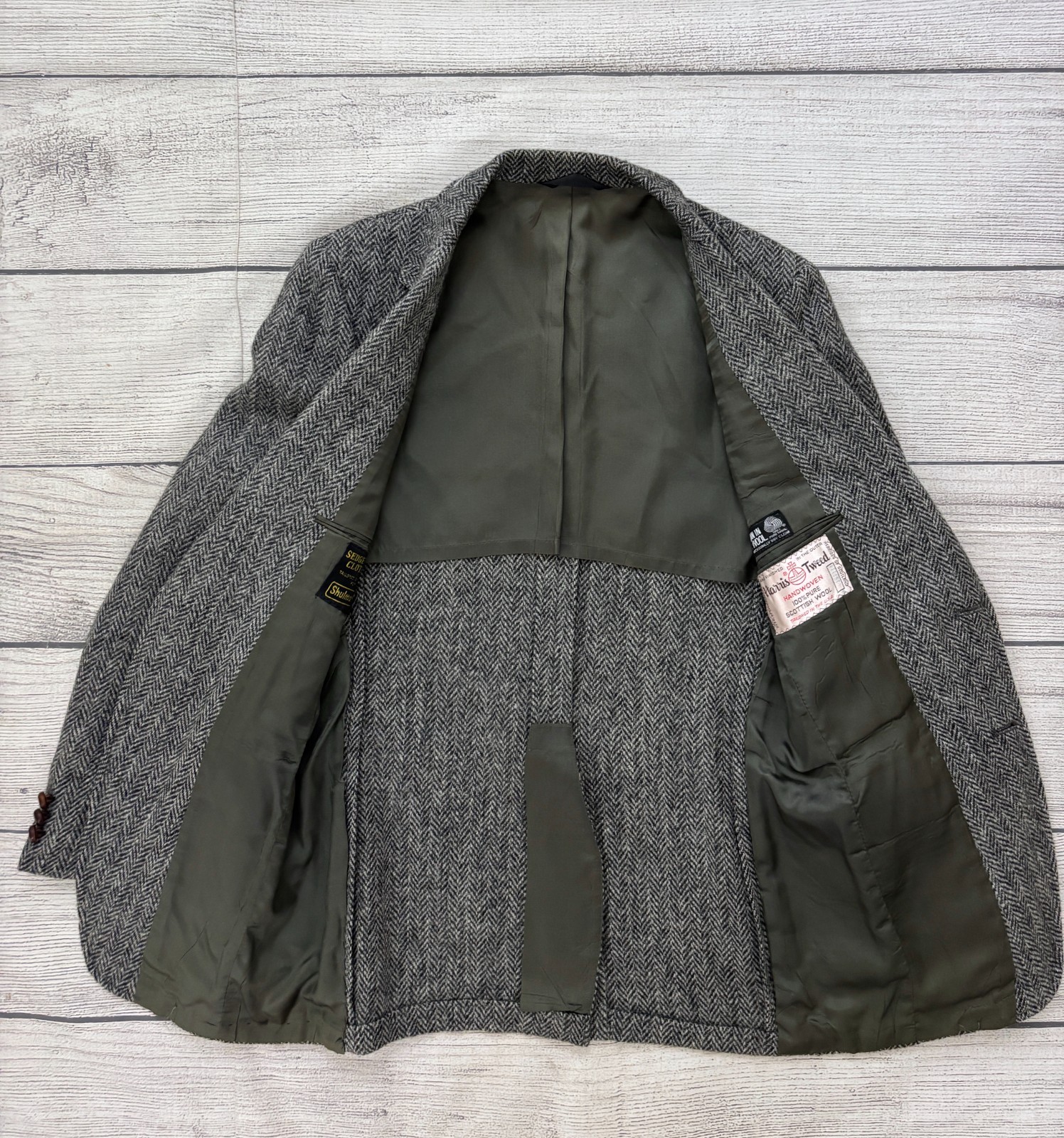 HARRIS TWEED Mens 38R Black Gray Herringbone Scottish Wool Jacket Blazer VTG