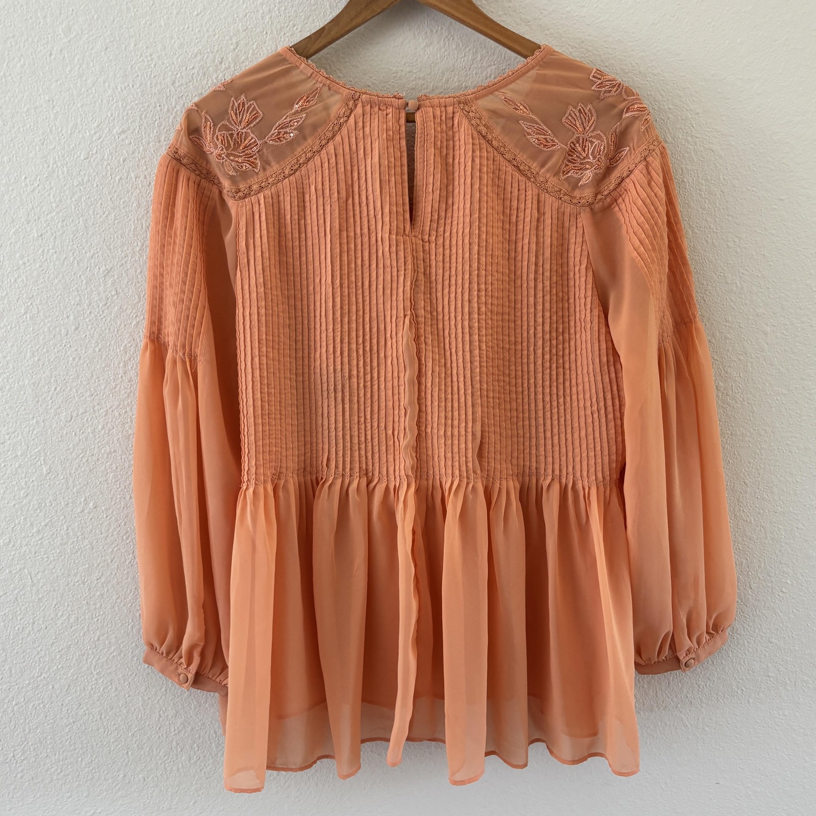 Soft Surroundings Carte Blanche Top M Peach Embroidered Chiffon Pleated Boho
