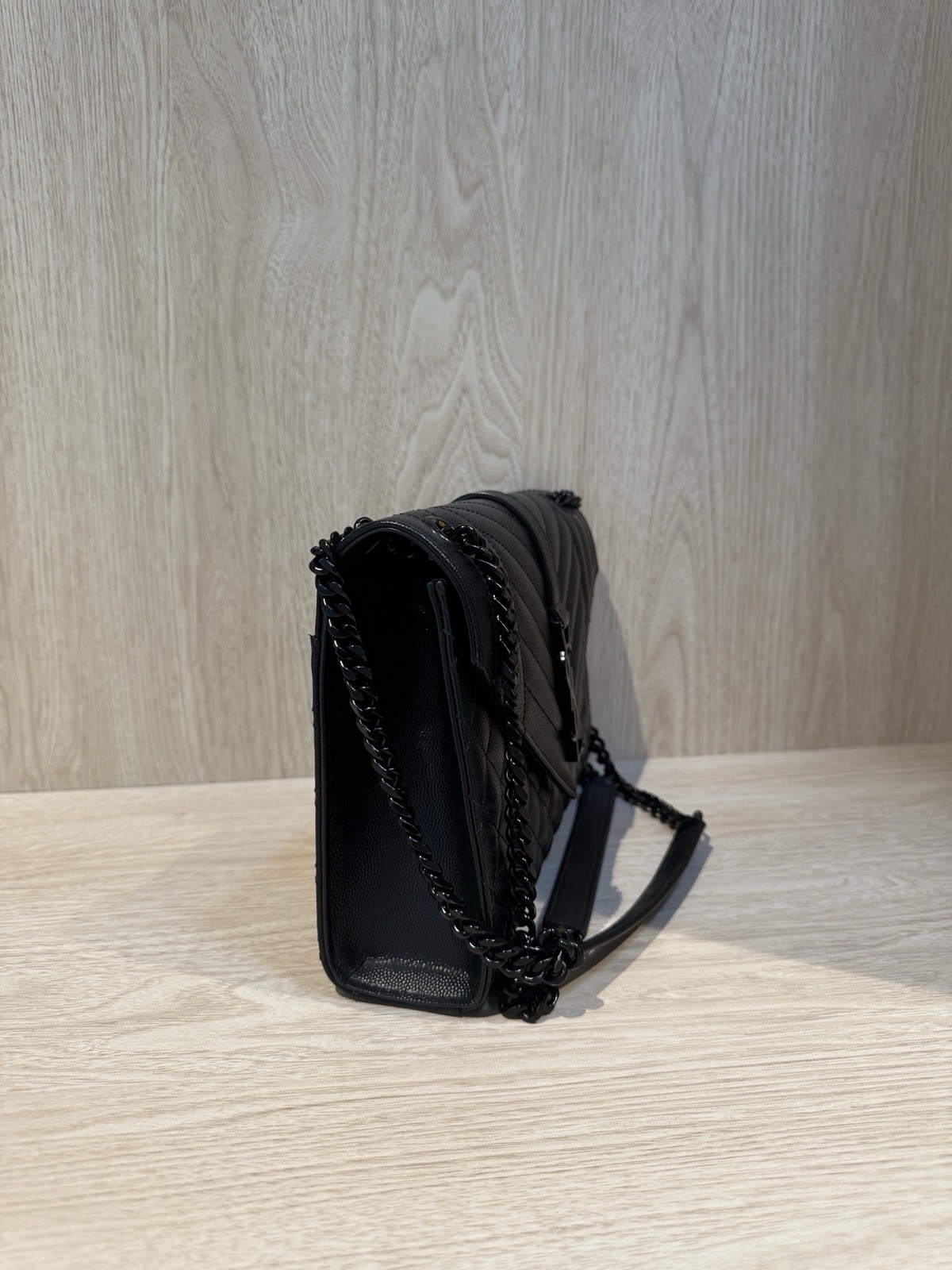 Saint Laurent Black Quilted Grain Leather, Chain Strap Bag, Medium, Logo