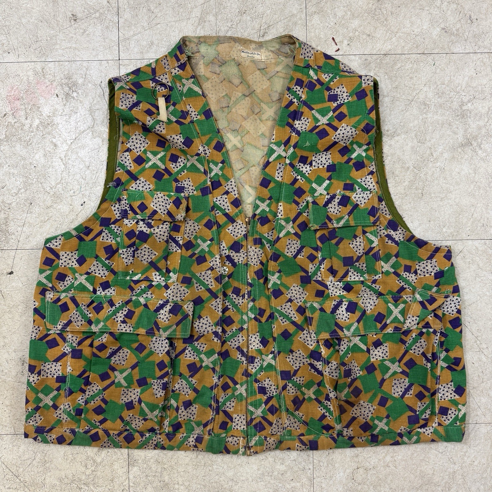 Homemade Hunting Vest 60s 70s Vtg Custom Pockets All Over Print Outdoor XXL
