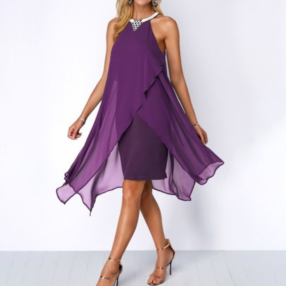 Womens Chiffon Halter Neck Mini Dress Ladies Evening Cocktail Party Gown Size 16