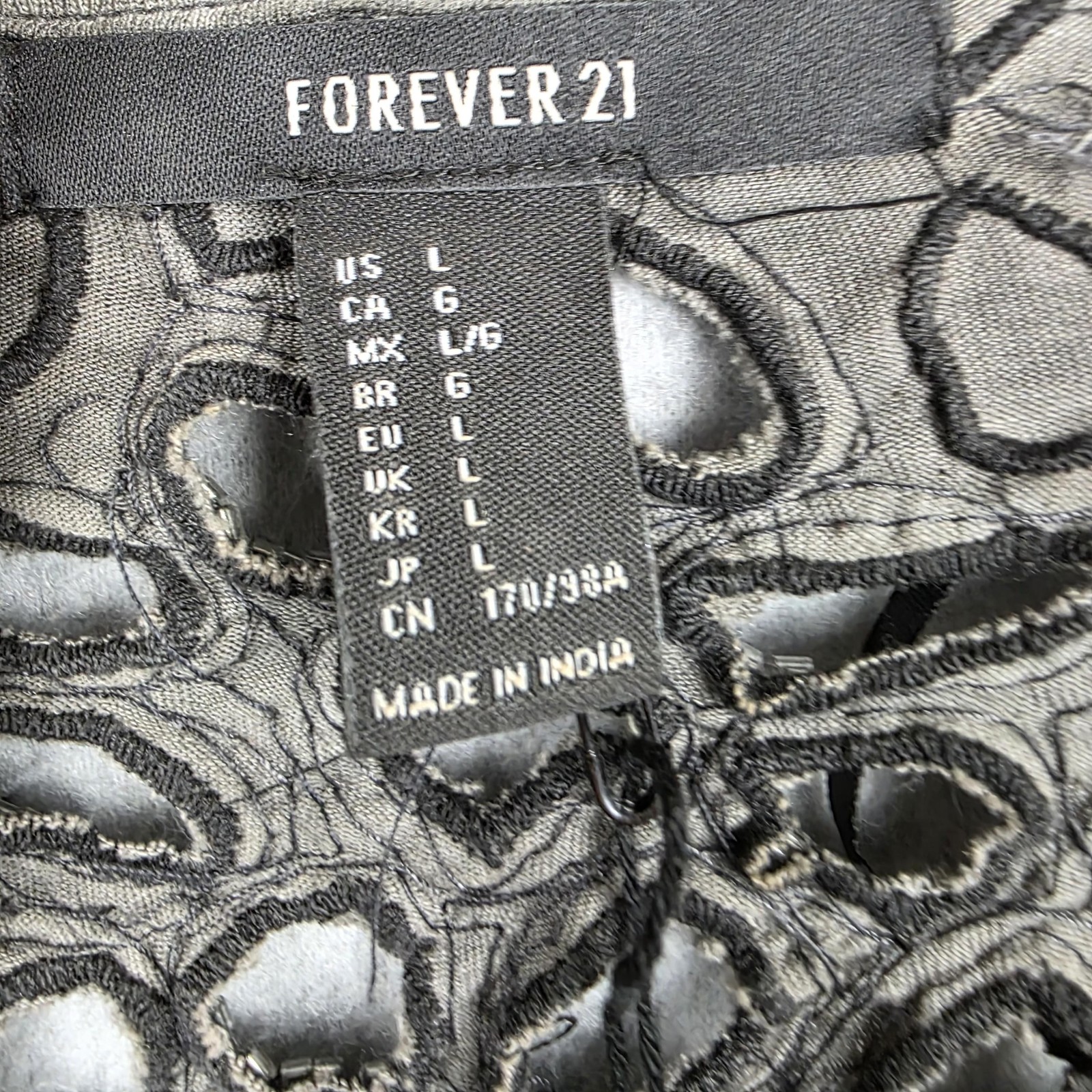 Forever 21 Shirt Womens Large Gray Beaded Cutout Sheer Grunge Whimsigoth