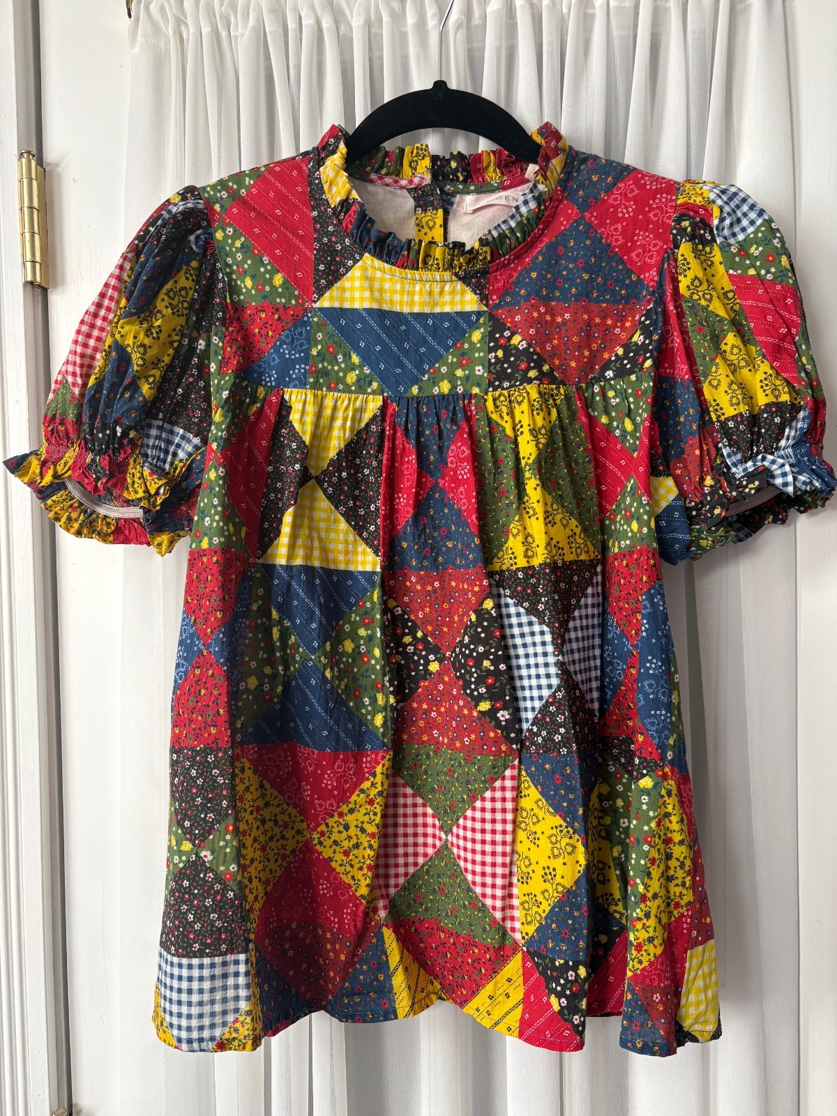 Doen Alida Cotton Ruffle Short Puff Sleeve Blouse Patchwork Top sz S GOOP