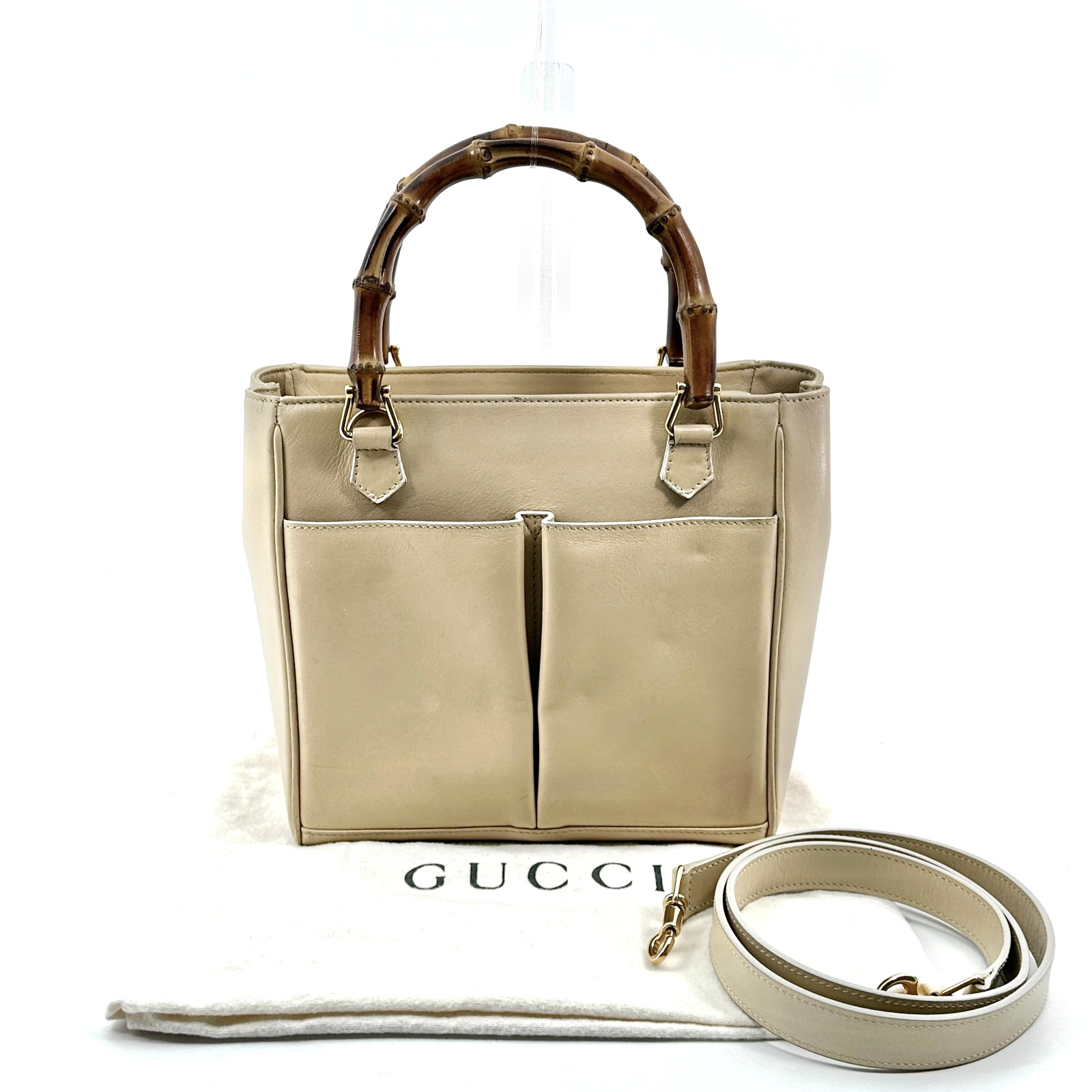 Gucci Hand Bag Bamboo 2Way Shoulder Leather Beige Authentic 333T0346