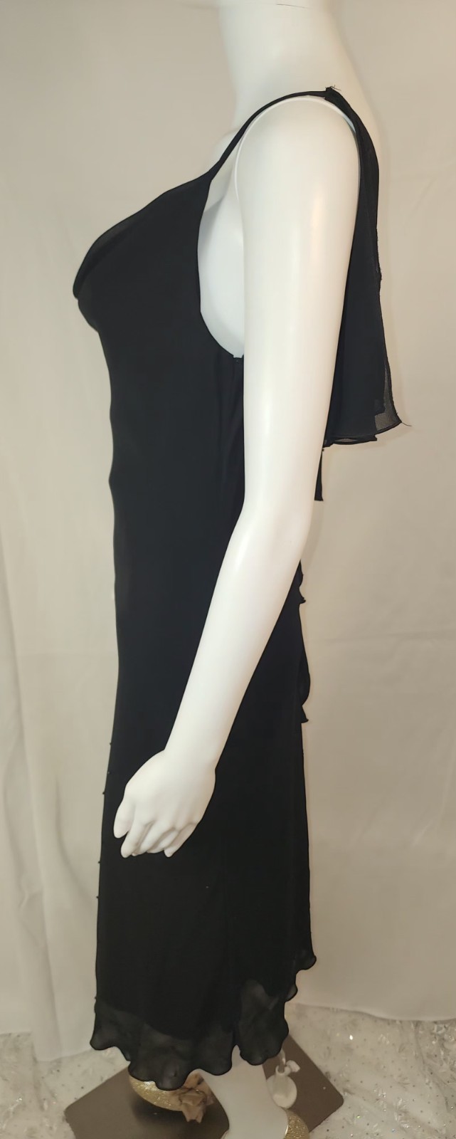 Lucia Figuredo,Black,Cascading Plunge,Flowing Sheer Overlay,Below Knee,SM,NWOT