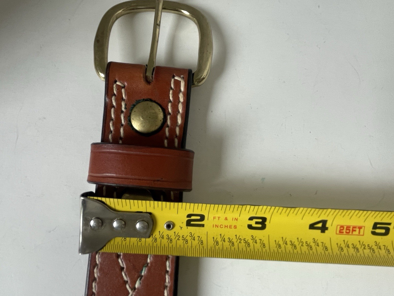 Triple K Leather Stitched Belt Size 34 Brown Brass Colored Buckle With Loop USA