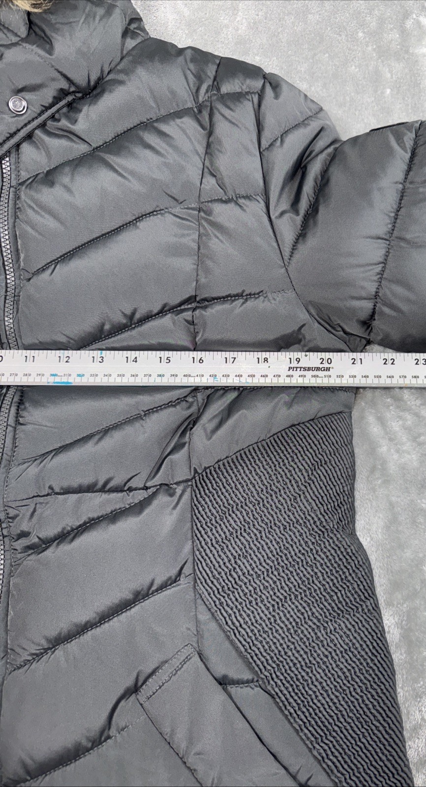 Seraphine Long Maternity Puffer Coat Women Size 6 Black Hooded Faux Fur Trim