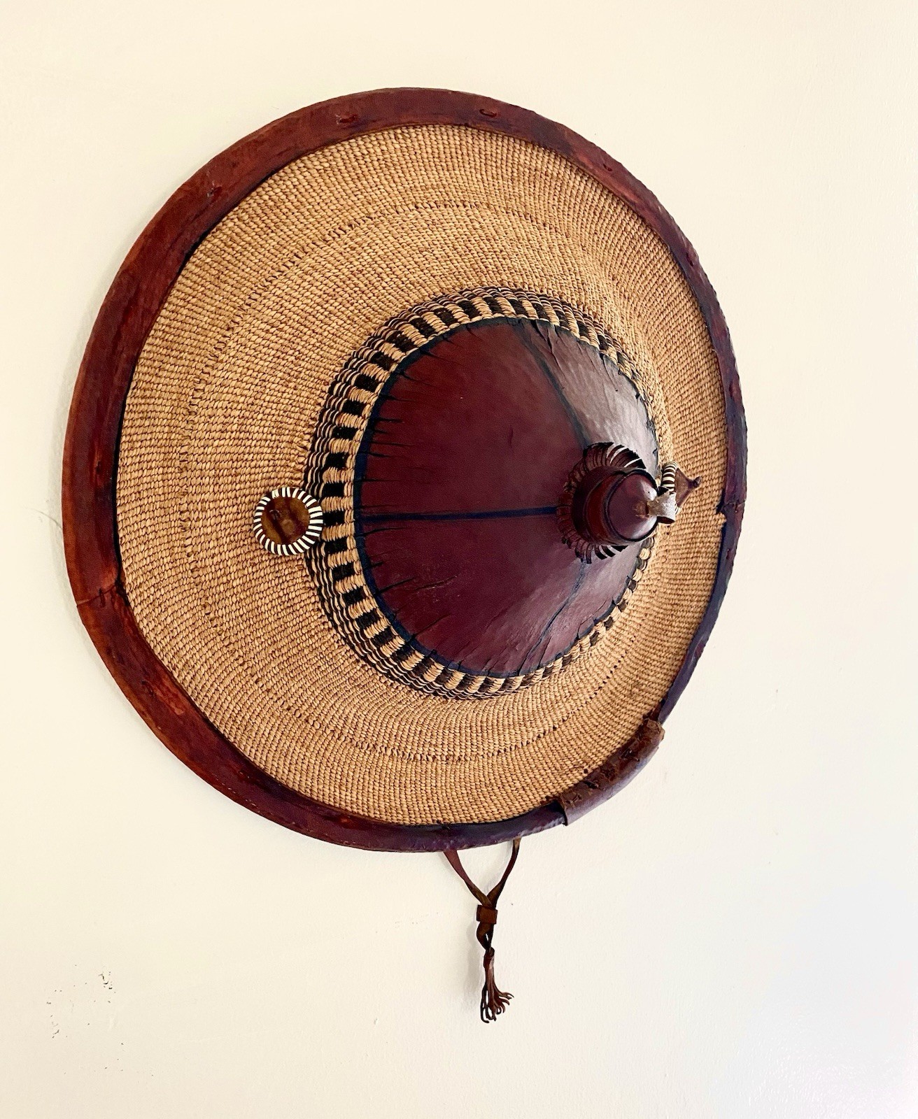 Antique African Ghanaian Hat ~ Traditional Conical Woven Straw & Leather ~19in