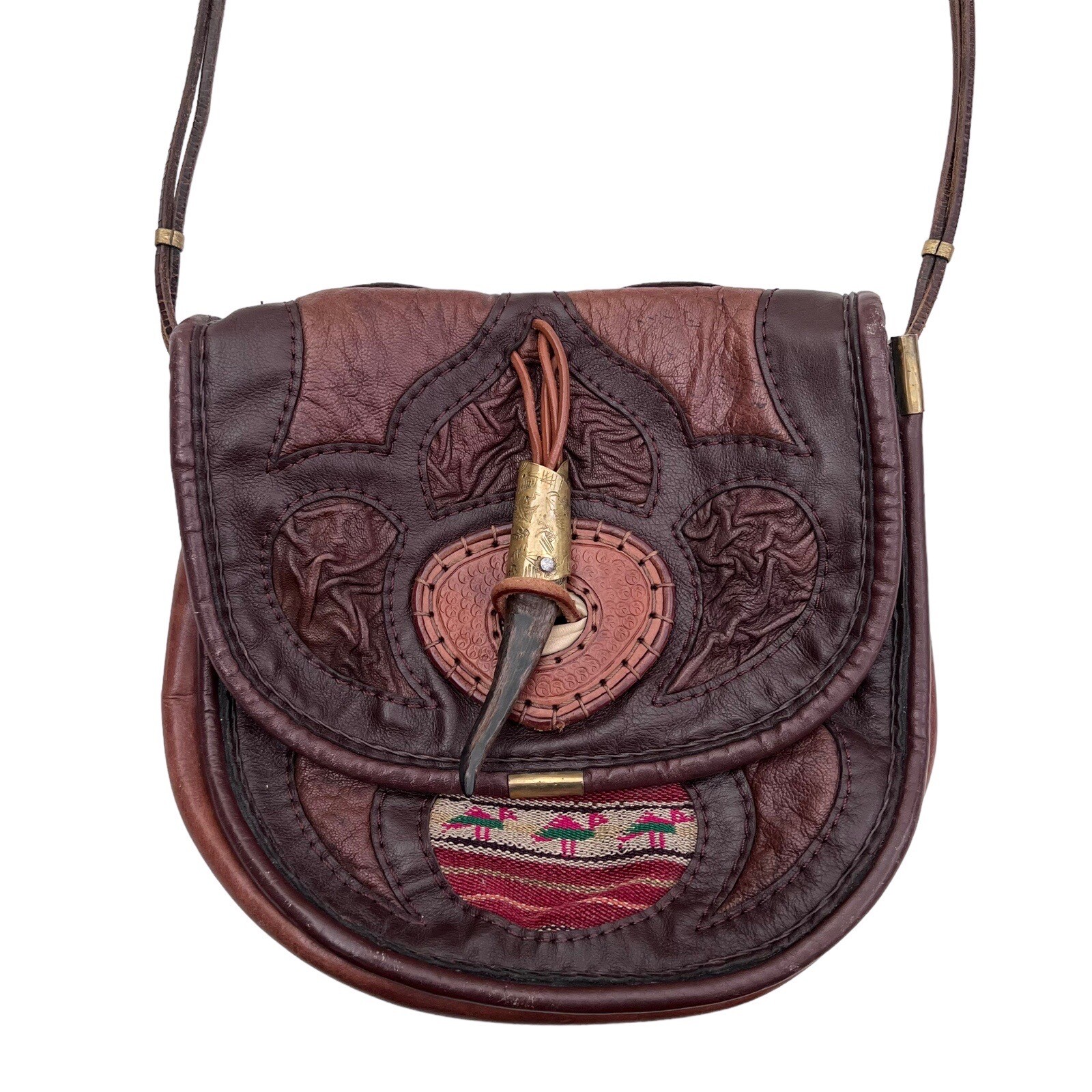 Vintage 1980s Leather Tooled Safari Navajo Southwestern Purse – 1989