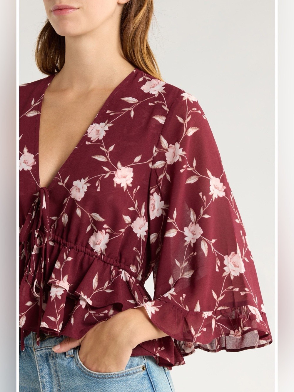 WAYF Free Spirit Floral Ruffle Top XS Burgundy Boho Romantic