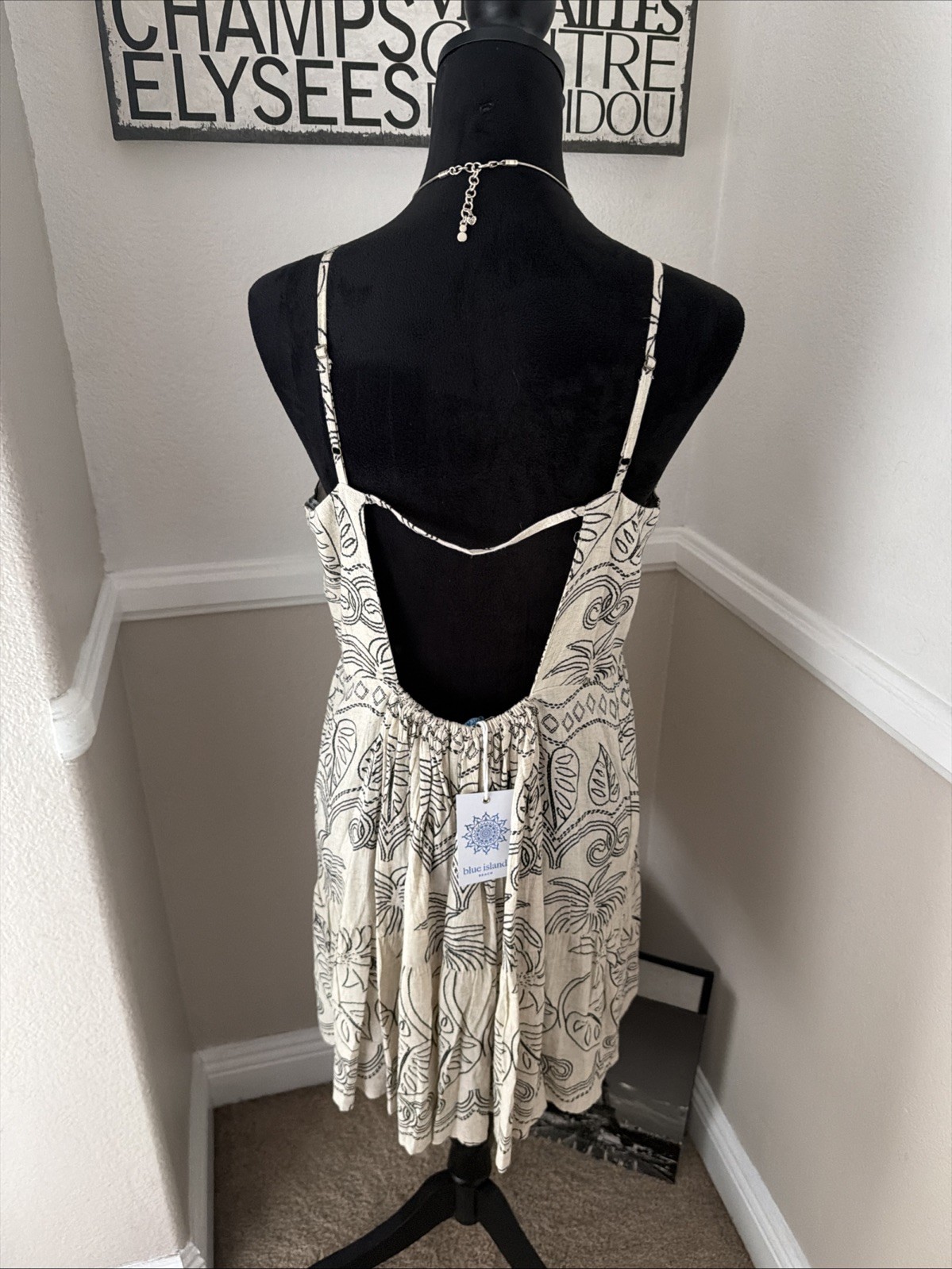 NWT Blue Island Tropical Boho Linen Blend Mini Dress Coverup Neutral Open Back M