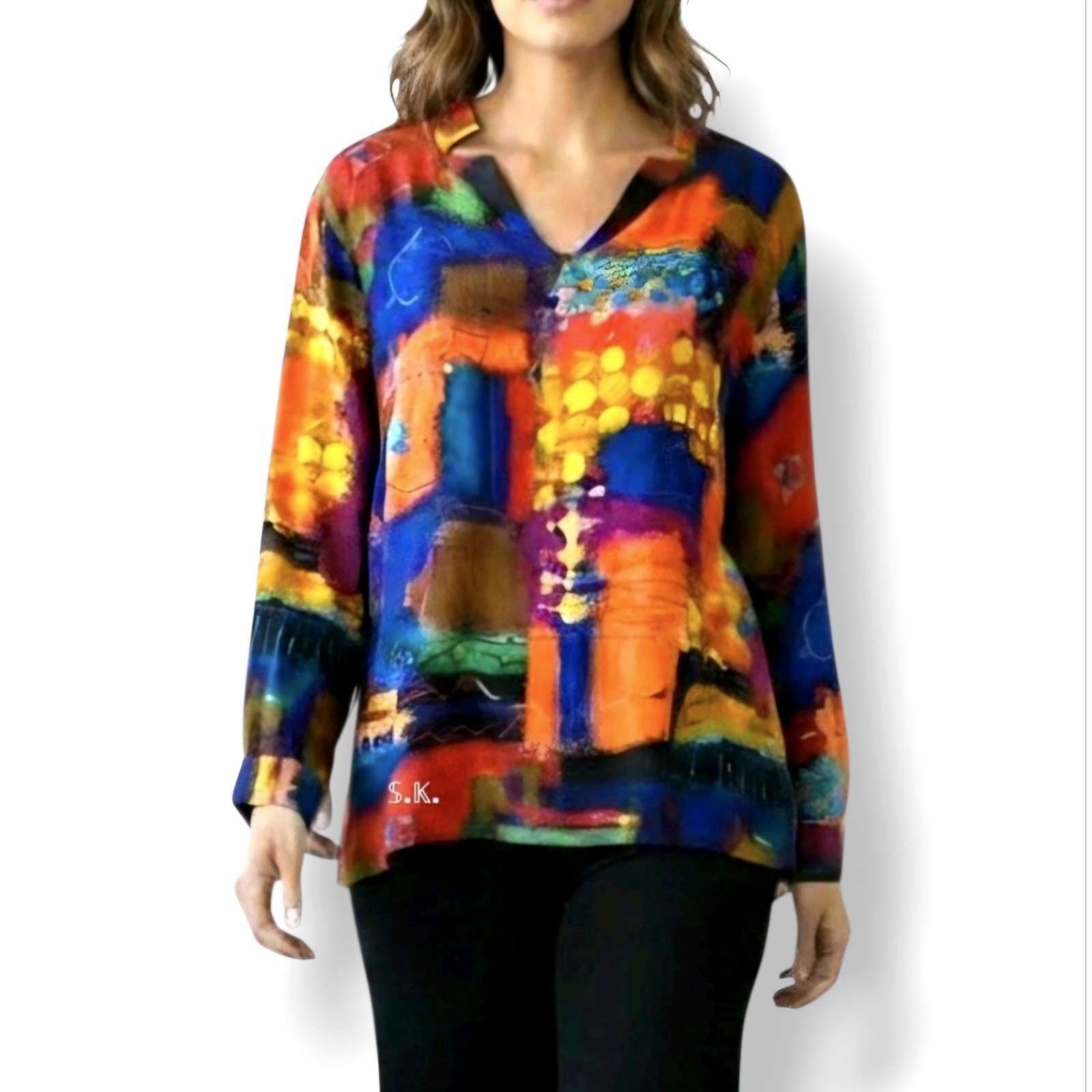 Lemon Grass NY Wearable Art Abstract Vibrant Colorblock V-Neck Tunic Top size XL