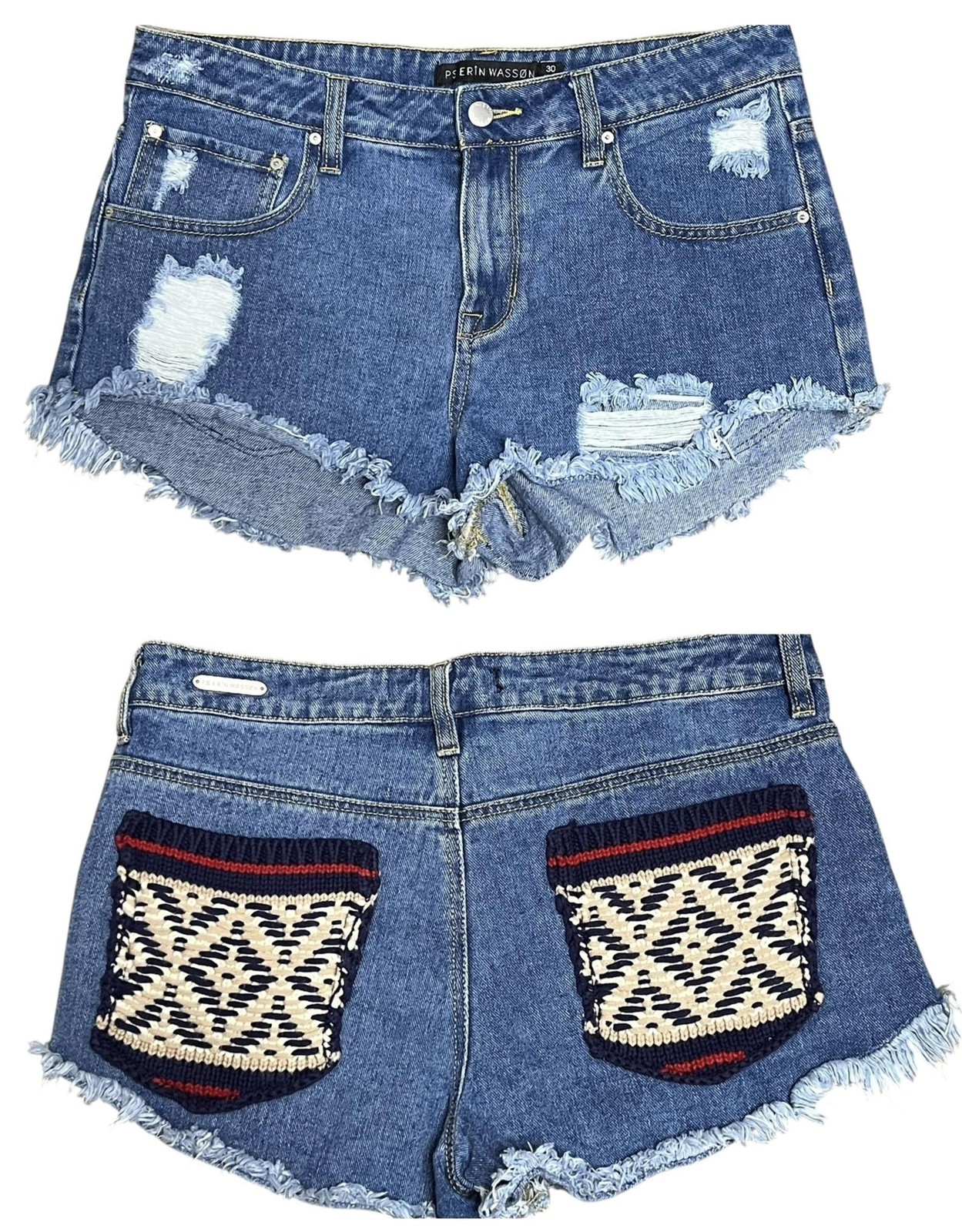 PS Erin Wasson Shorts Womens 30 Denim Distressed Fringe Crochet Pockets Boho