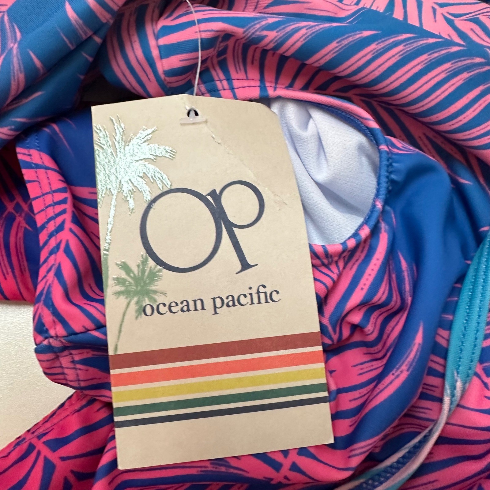 Ocean Pacific Womens Small Long Sleeve One Piece Swimsuit Palm Print Cutout Blue