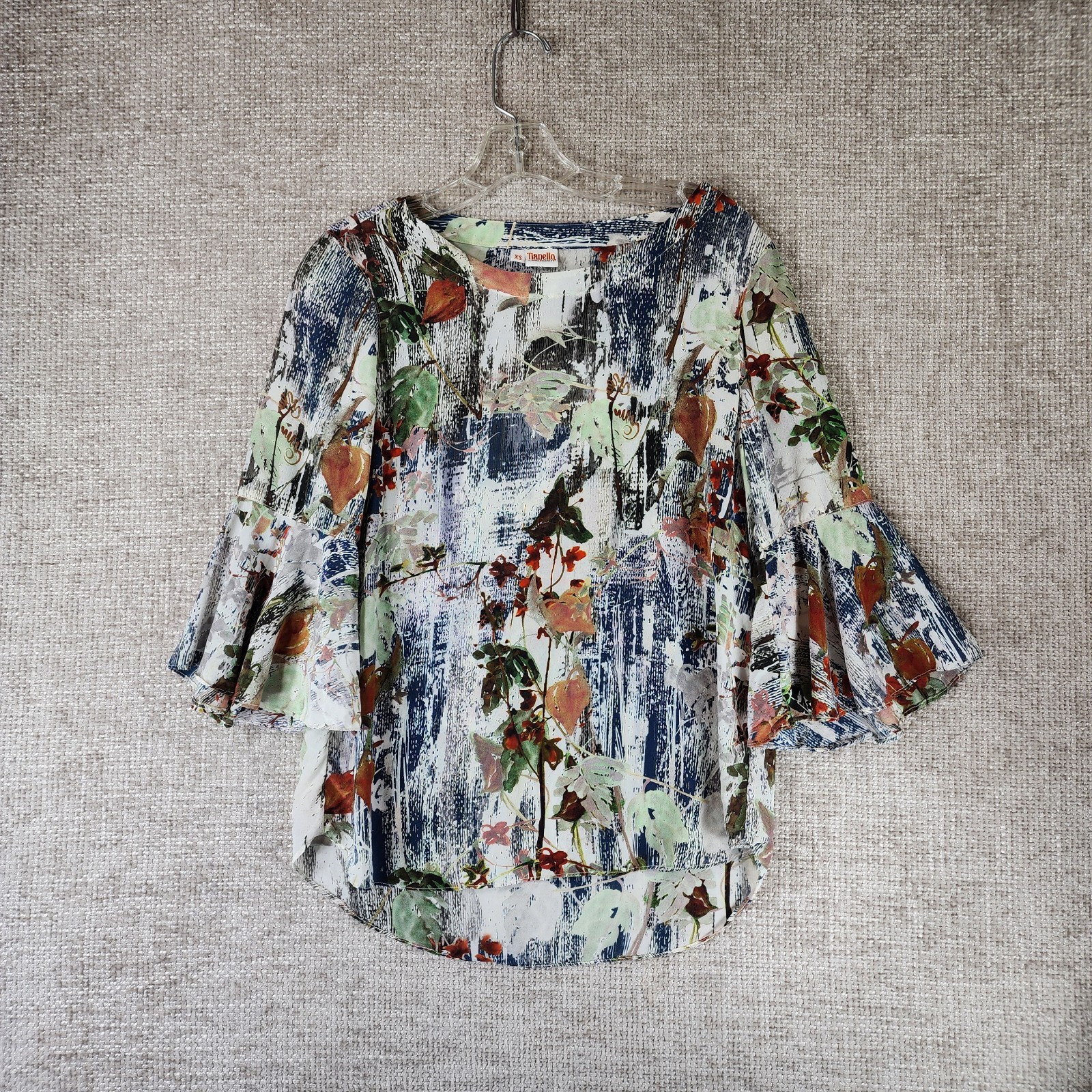 Tianello 100% Silk Pullover Bell Sleeve Blouse Top Womens XS Artsy Colorful