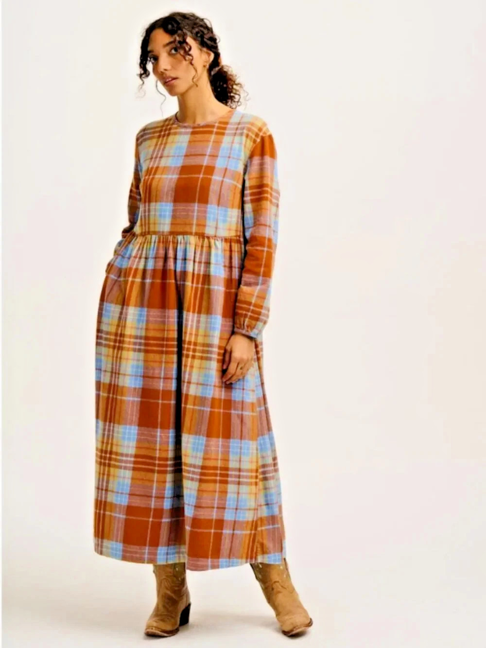 Lucy & Yak Maeve Midi Dress – Rust Terracotta Blue Plaid UK 20