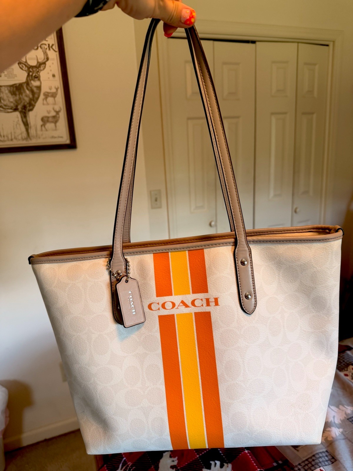 Coach Signature Logo Tote White Orange Yellow Stripe Zip Top Bag Charm