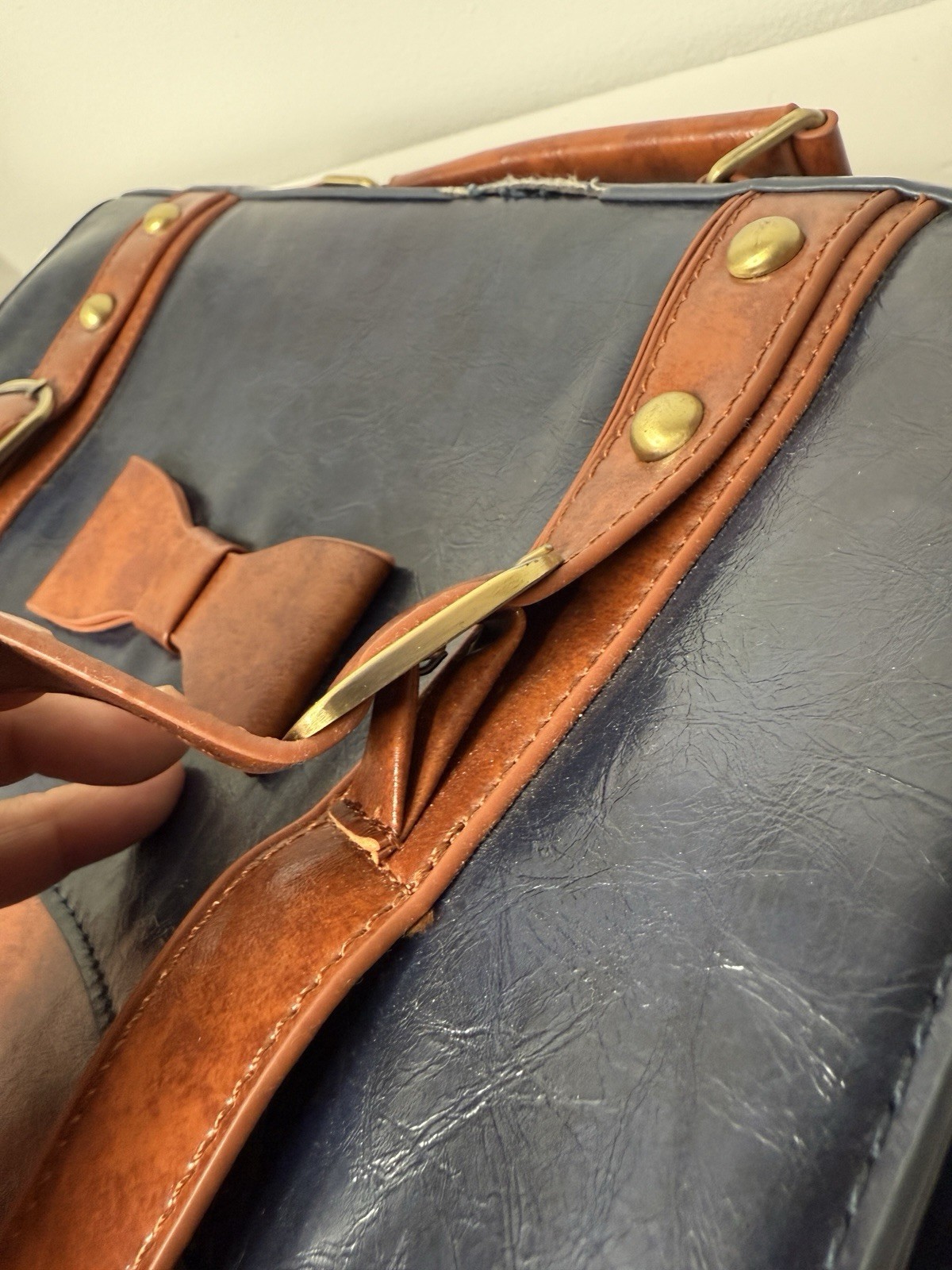 Ecosusi Faux Leather 2 Tone Dark Navy Blue Brown Messenger Bag with Bow & Handle