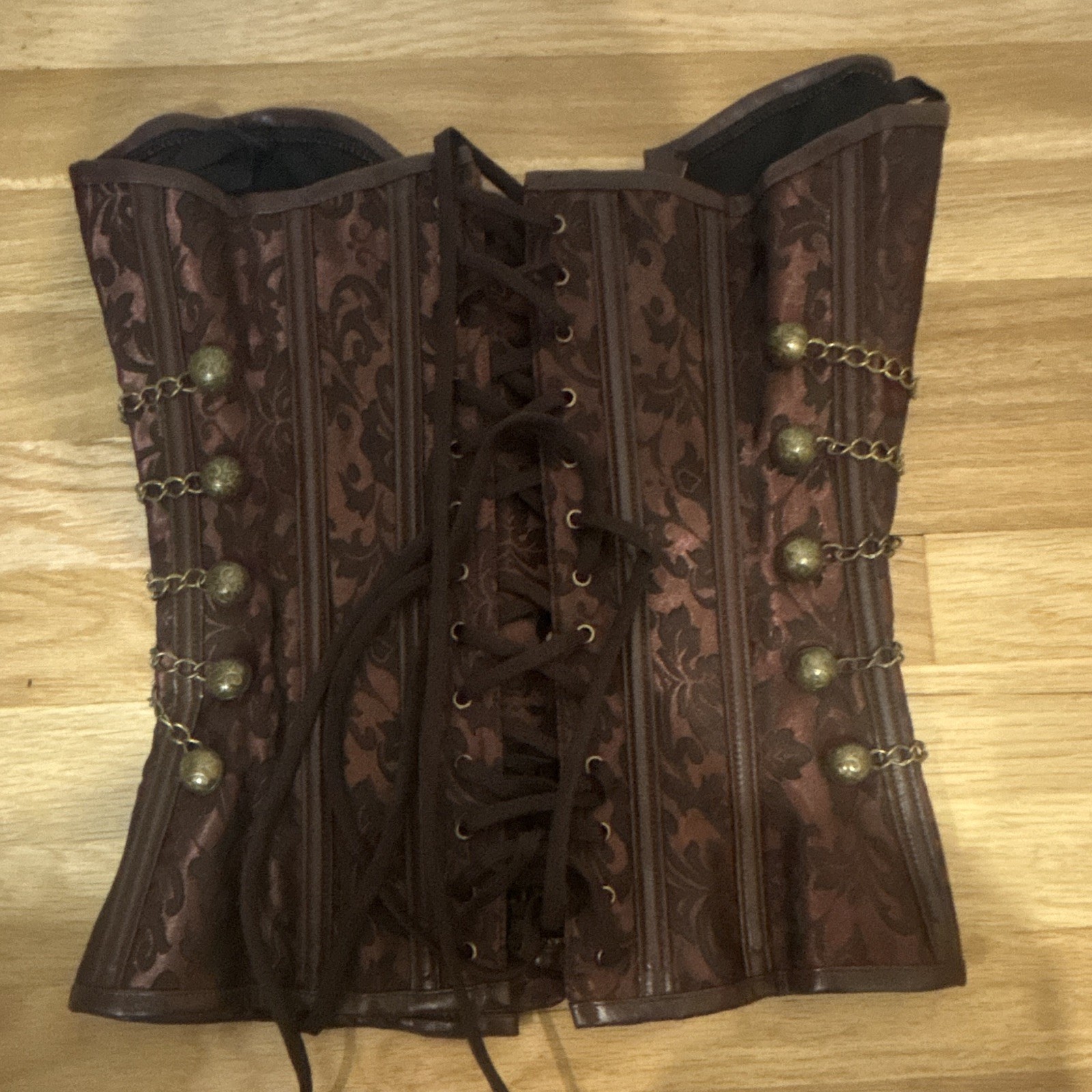Women’s Brown Damask Overbust Lace-Up Boned Strapless Corset Top XS