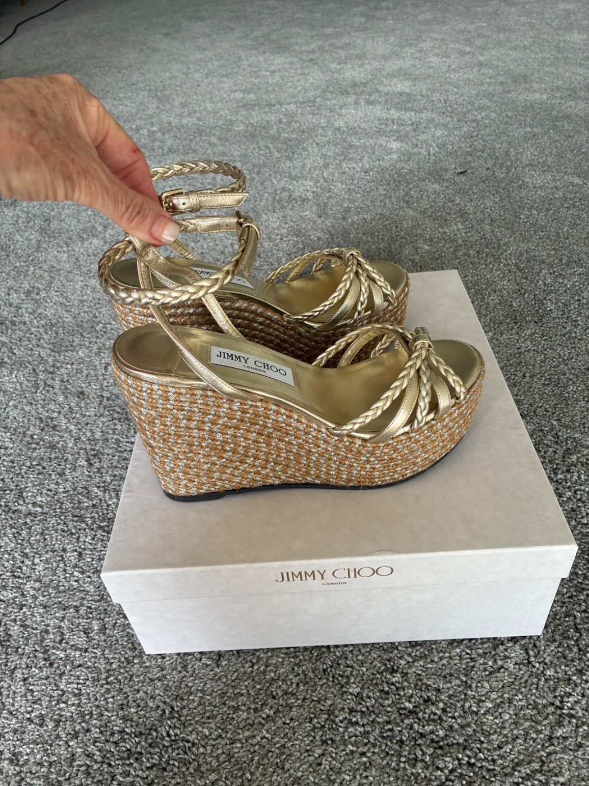 Jimmy Choo Dree 100MM Espadrilles Women US7 EU37 Metallic Soft Gold Wedge Sandal