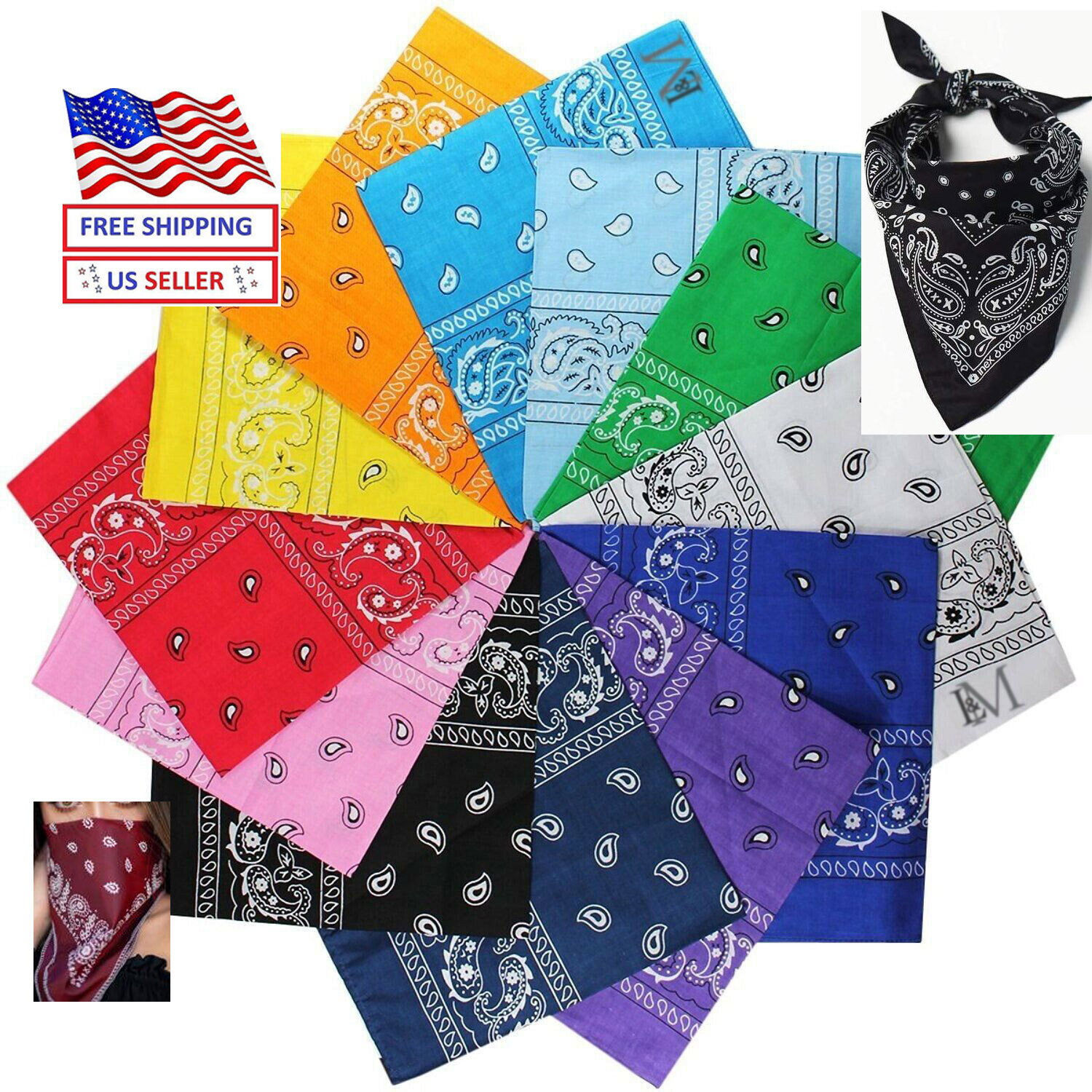 Lot Of 4,12-Paisley Print 100 % Cotton Bandanas Scarves 21 X 21 Double side