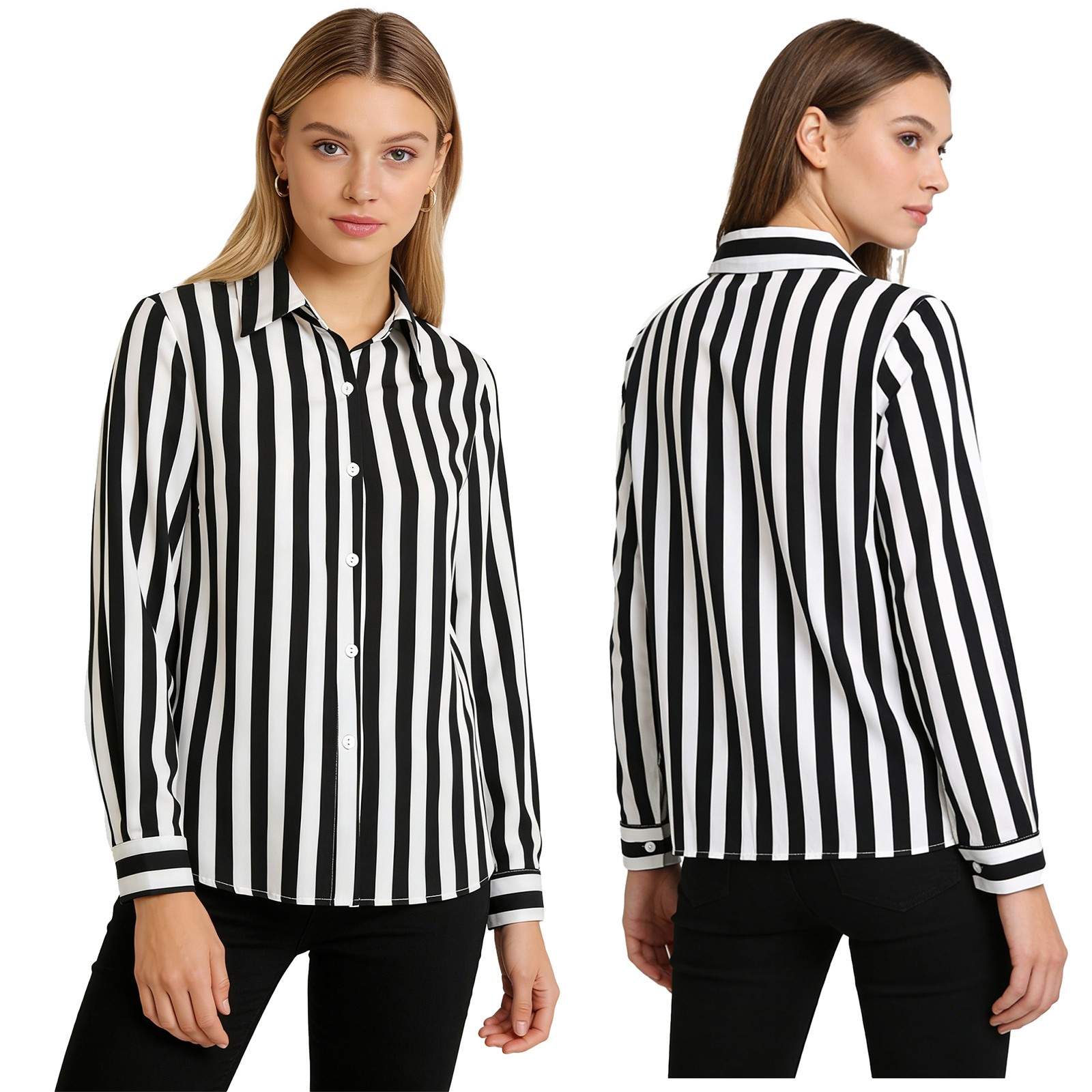 Womens Top Button Blouse Casual Shirt Collared Lapel Striped Stylish Down Club