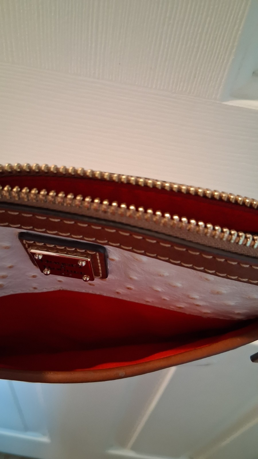 Dooney & Bourke Ostrich Small Crossbody Bag in White/Brown Leather