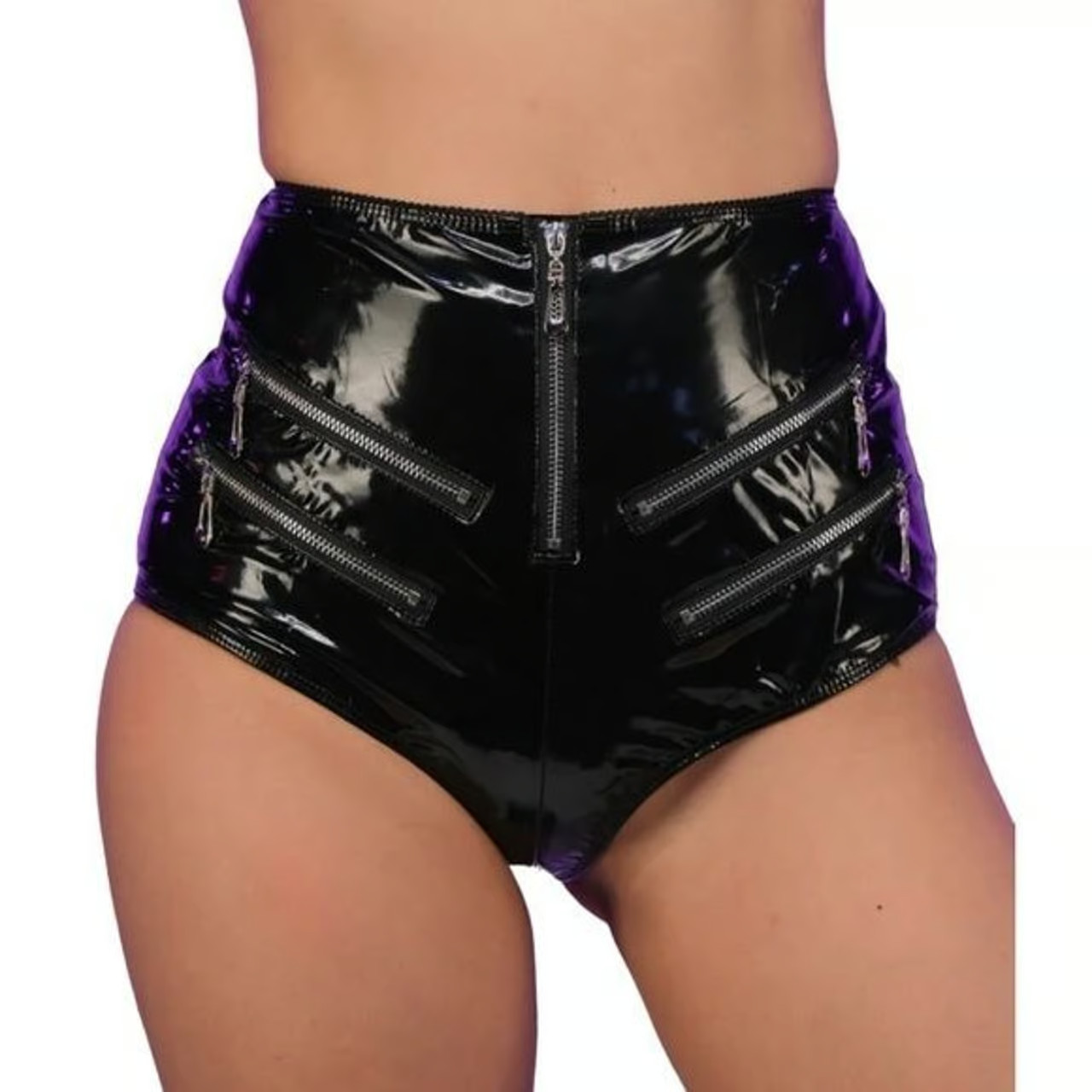 RAVE WONDERLAND – Black Silver PVC Vinyl Wet Look Moto Rave Shorts – LARGE