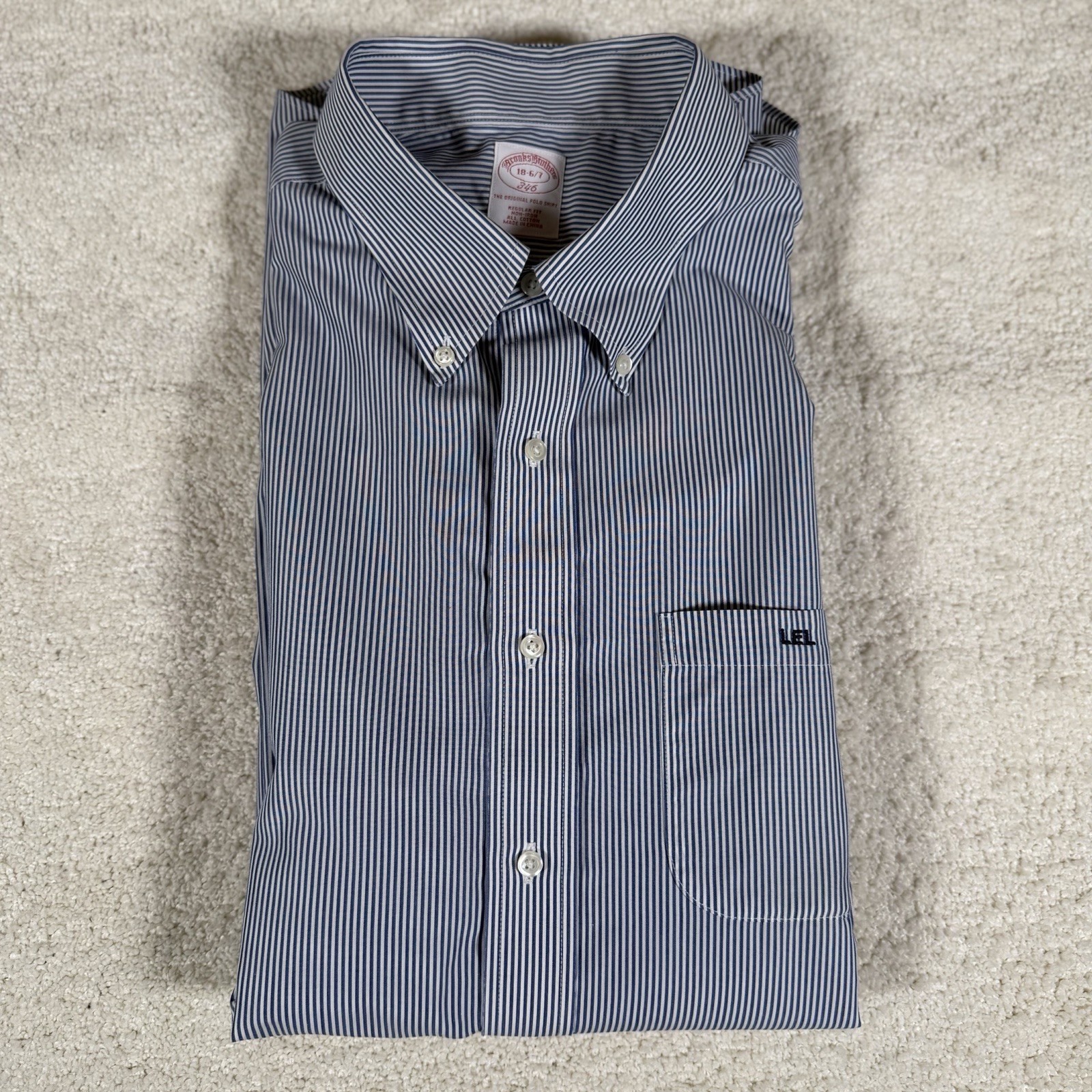 Brooks Brothers 346 Classic Oxford Blue/White Stripe Cotton Mens 18-6/7in