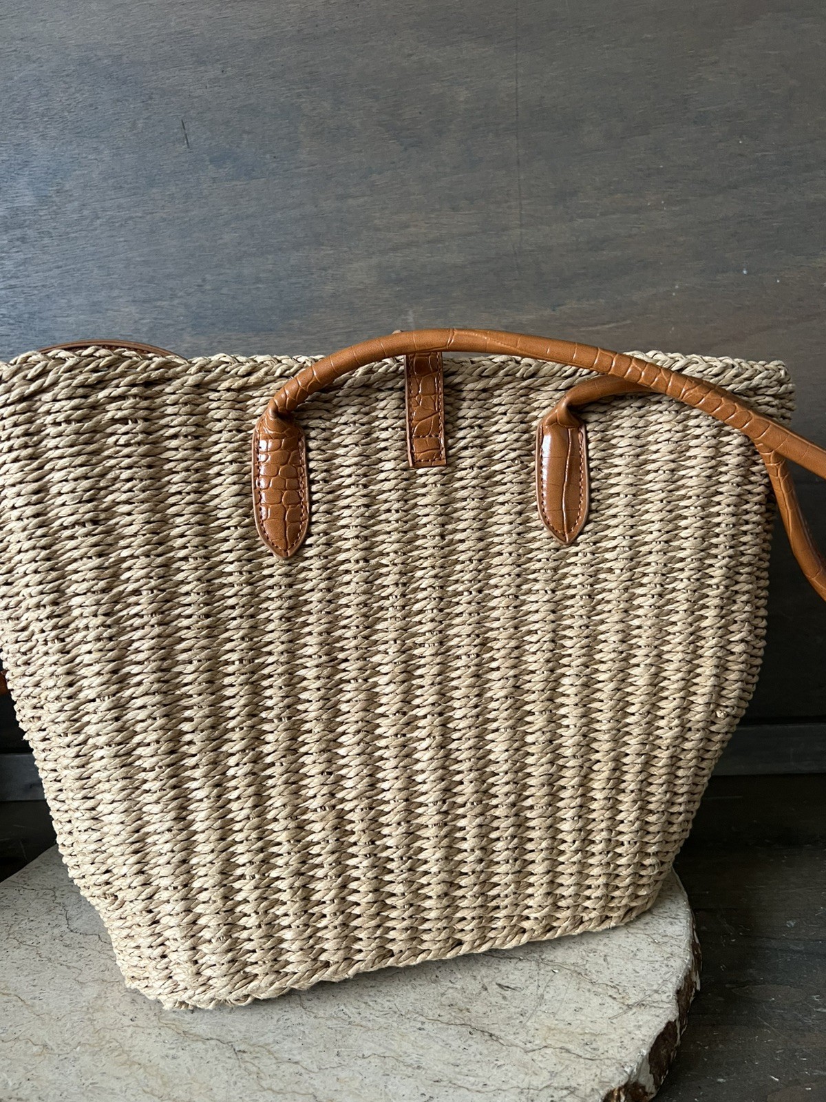 VTG Sun N Sand Woven Straw DOUBLE Handle Tote Beach Bag Boho 16 X 12 X 6 INCHES