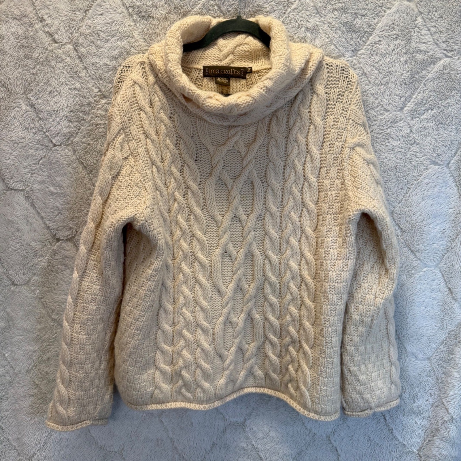 Inis Crafts Ireland Merino Wool Fisherman Cable Knit Cowl Neck Sweater Cream M L