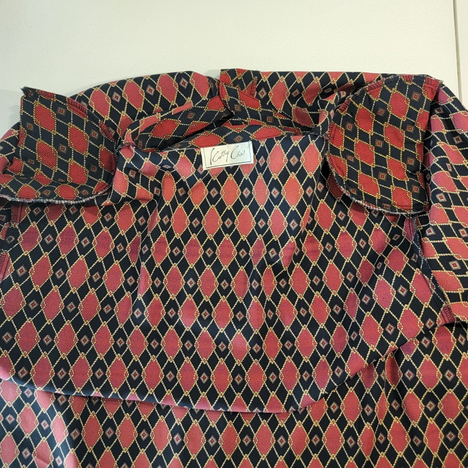 Vtg Secretary Blouse Womens 1X Chain Print Buttons Padded Retro Office Mature