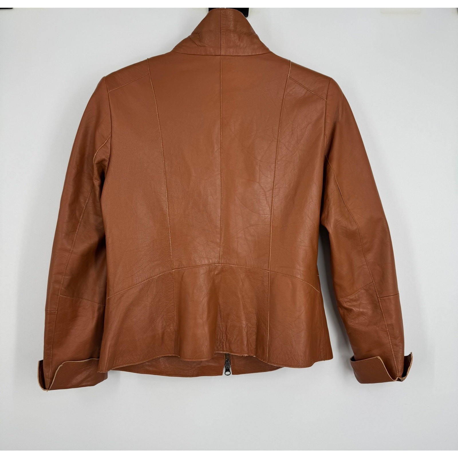 Madeleine jacket women’s 8 100% lamb soft Nappa leather zip front cognac brown