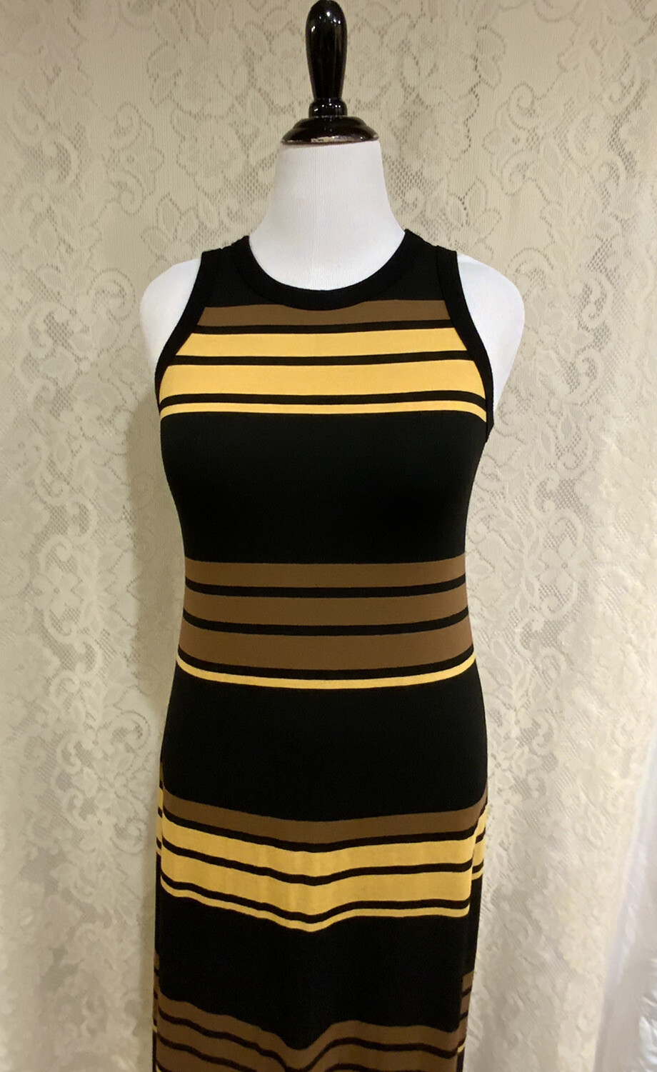 Karen Kane Black, brown, Yellow striped sleeveless maxi dress, Size XL