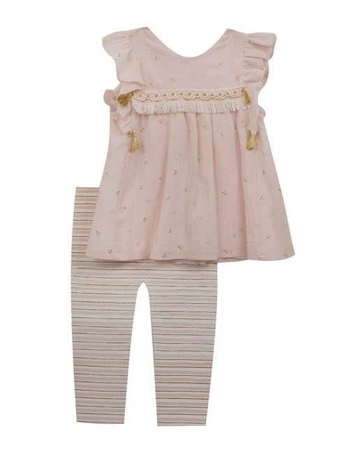 Rare Editions Pink & Gold Foil Print Tassle Top Striped Legging Set 3 6 9 Months