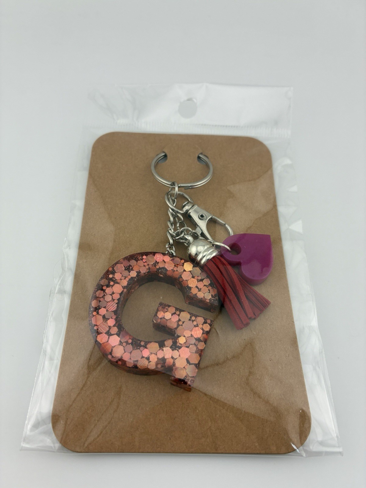 Handmade Epoxy Resin Letter G Keychain Rose Gold Glitter Heart Tassel New