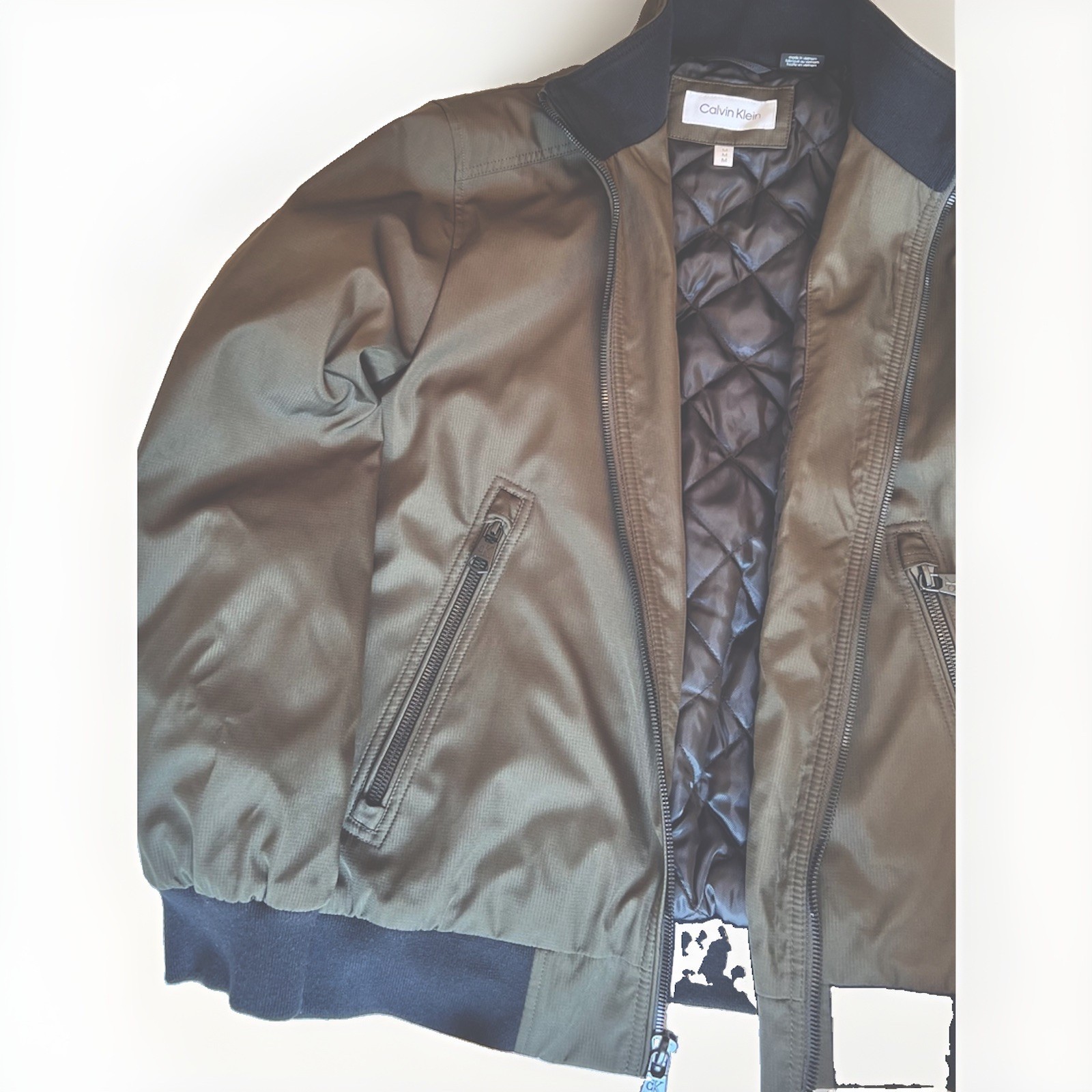 Calvin Klein Men’s Green Bomber Jacket Full Zip Lined Stand Collar Size M