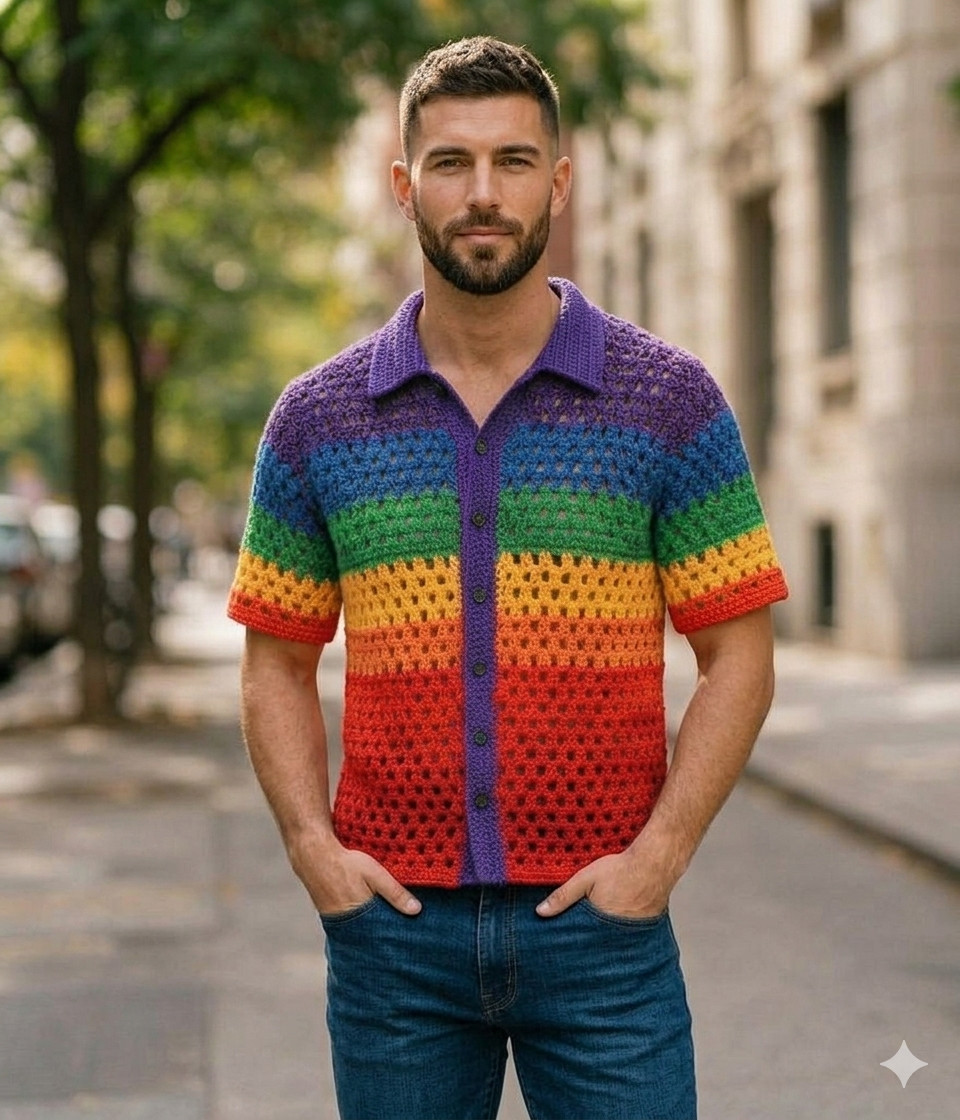 Handmade Crochet Colorful Rainbow Stitch Button-Down Patchwork Crochet Sweater
