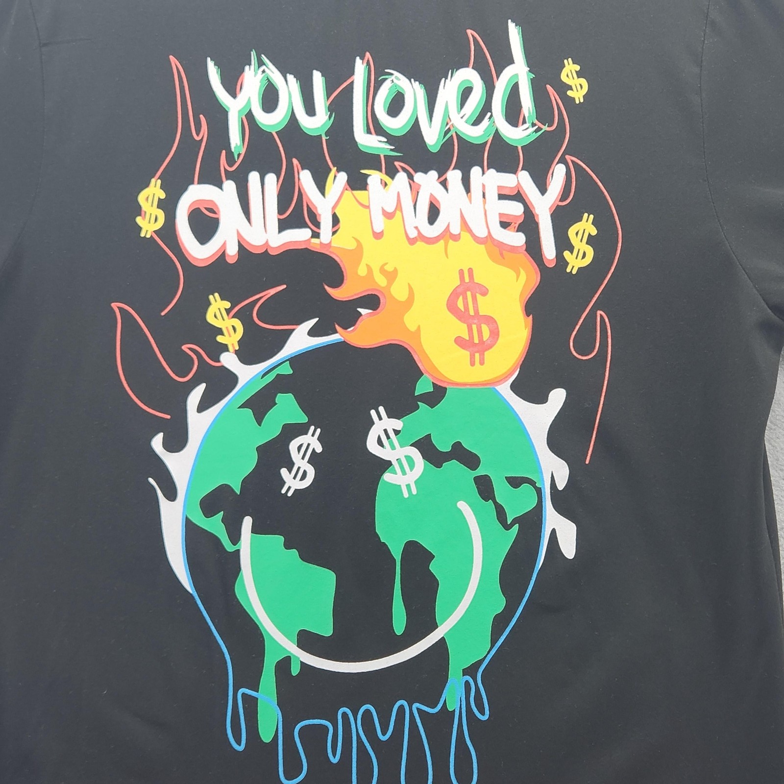 SHEIN Shirt Mens Small Black Graphic Money Repeat Smile Flame Earth Tee
