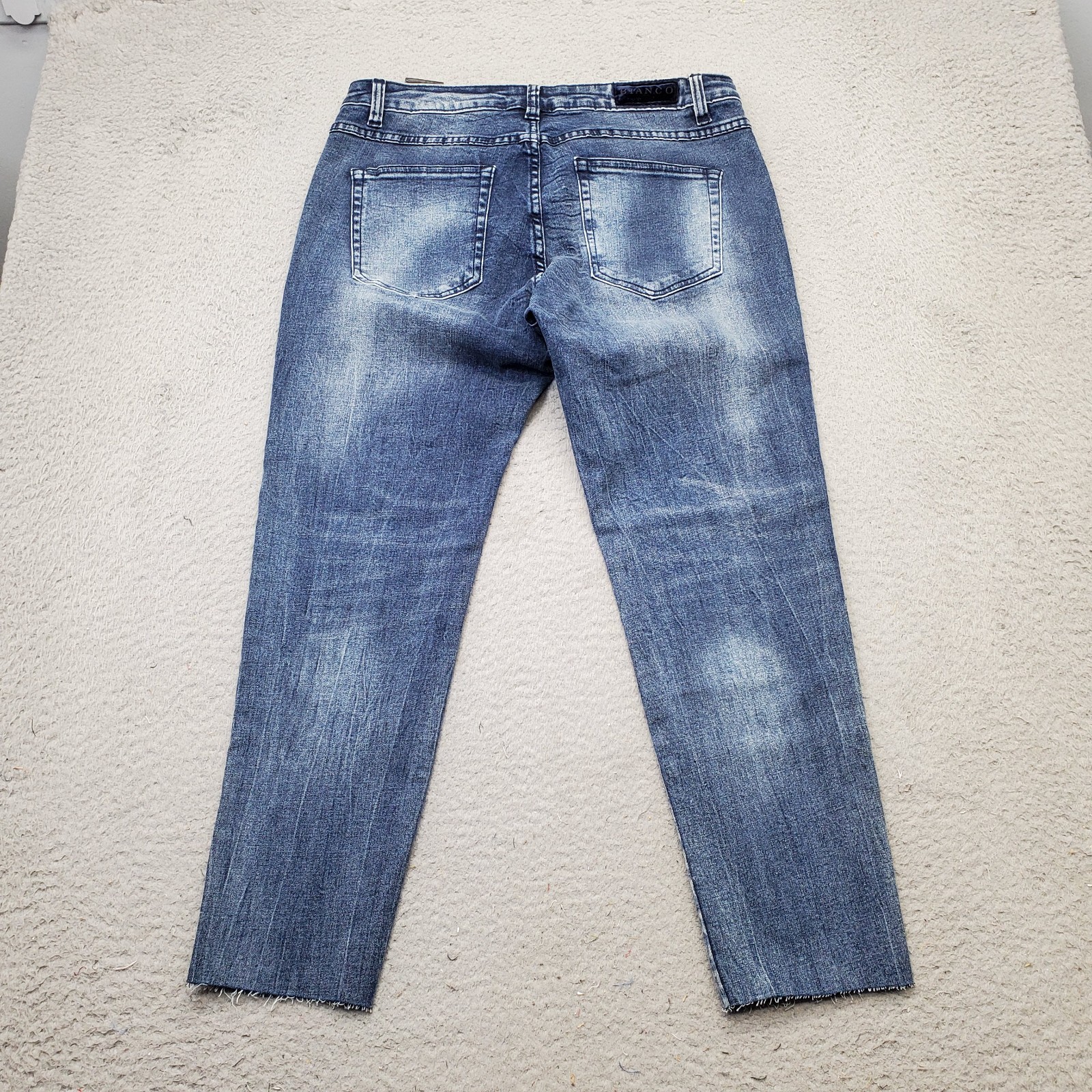 Bianco Jeans Womens Size 31 Blue Denim Stretch Whiskered Frayed Hem Straight Leg