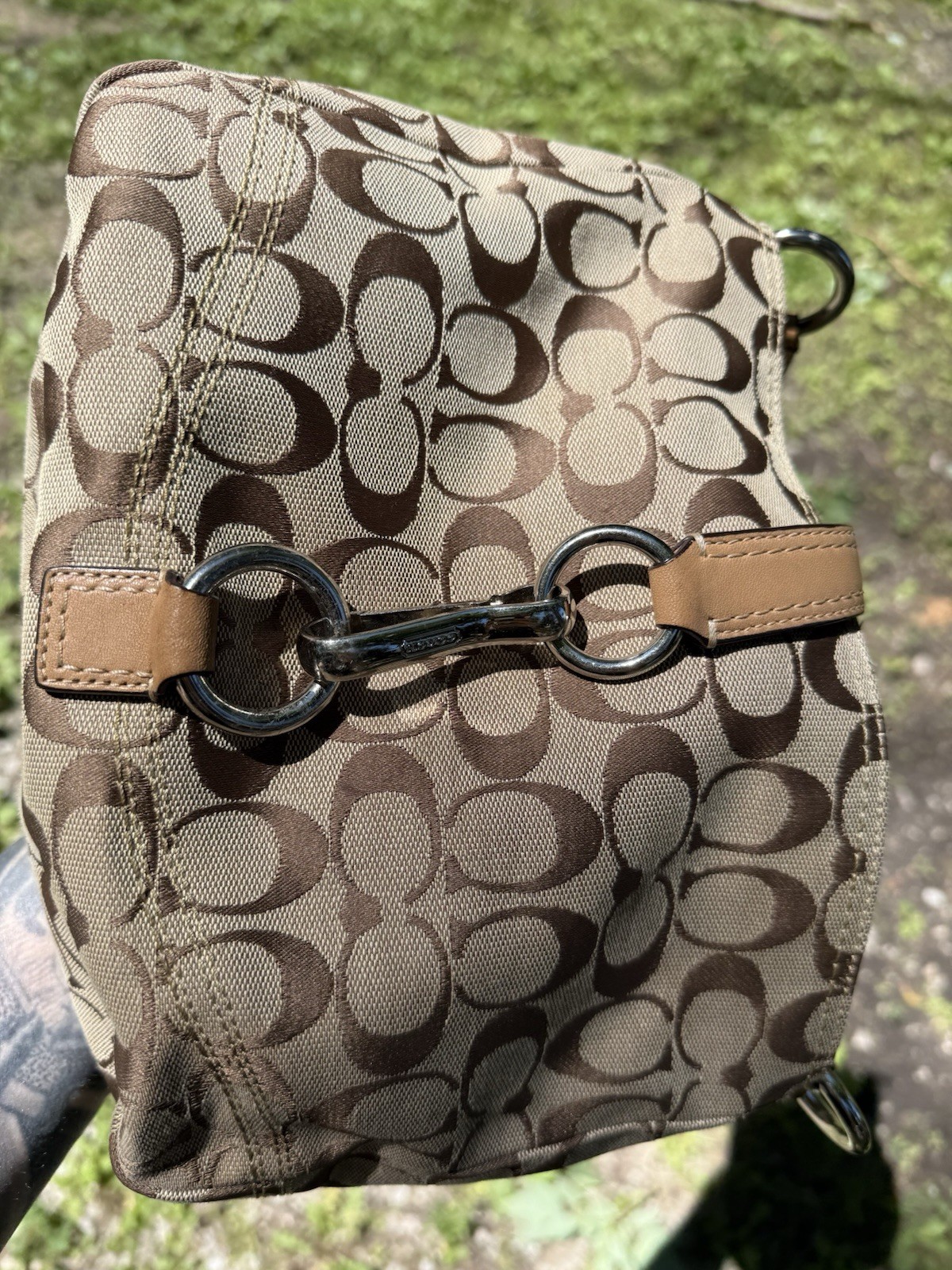 Coach Signature C Monogram Canvas Shoulder Bag Silver Clasp Y2K Brown Leather